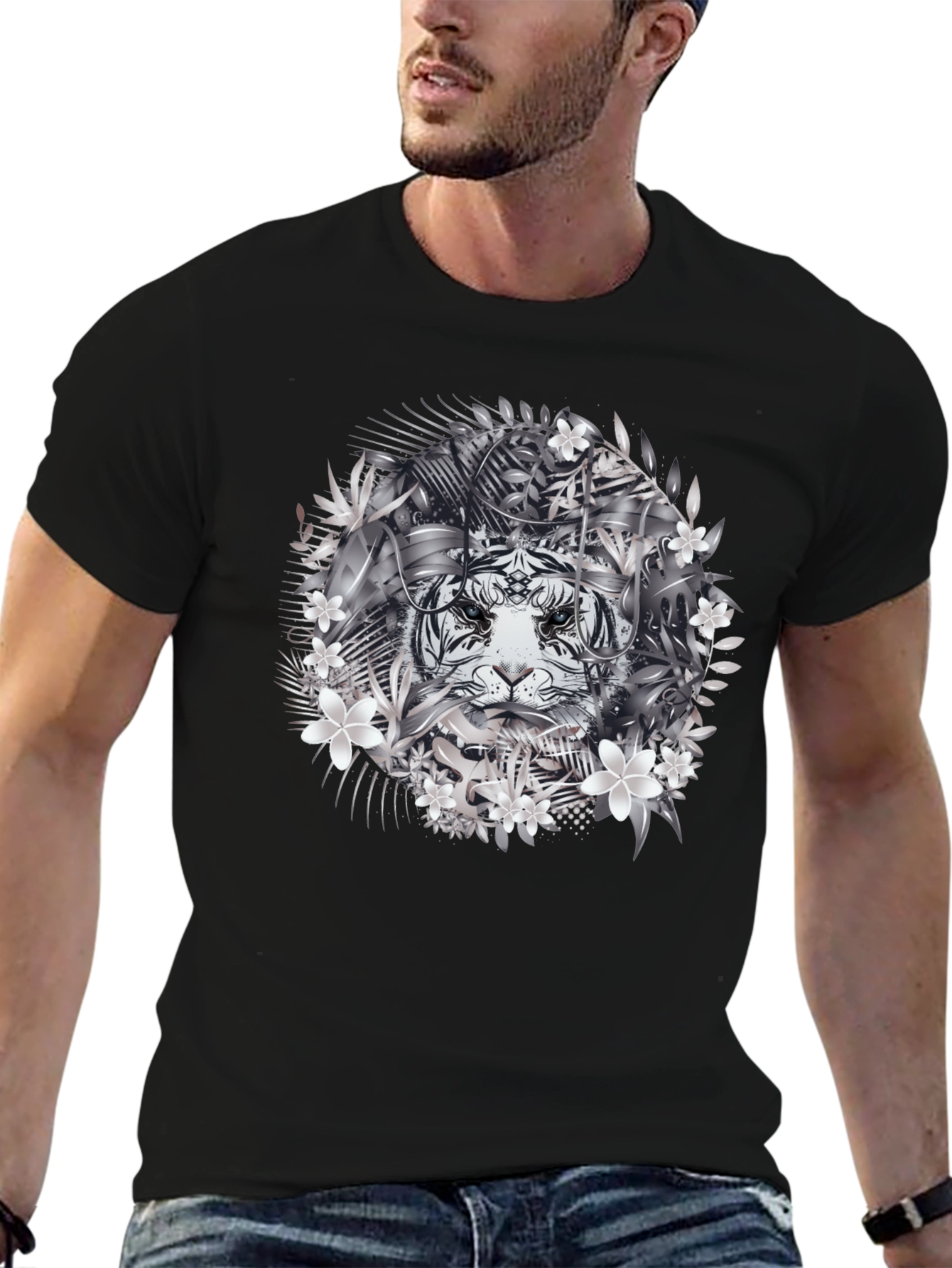 Tiger Floral Graphic Tee - Black Cotton