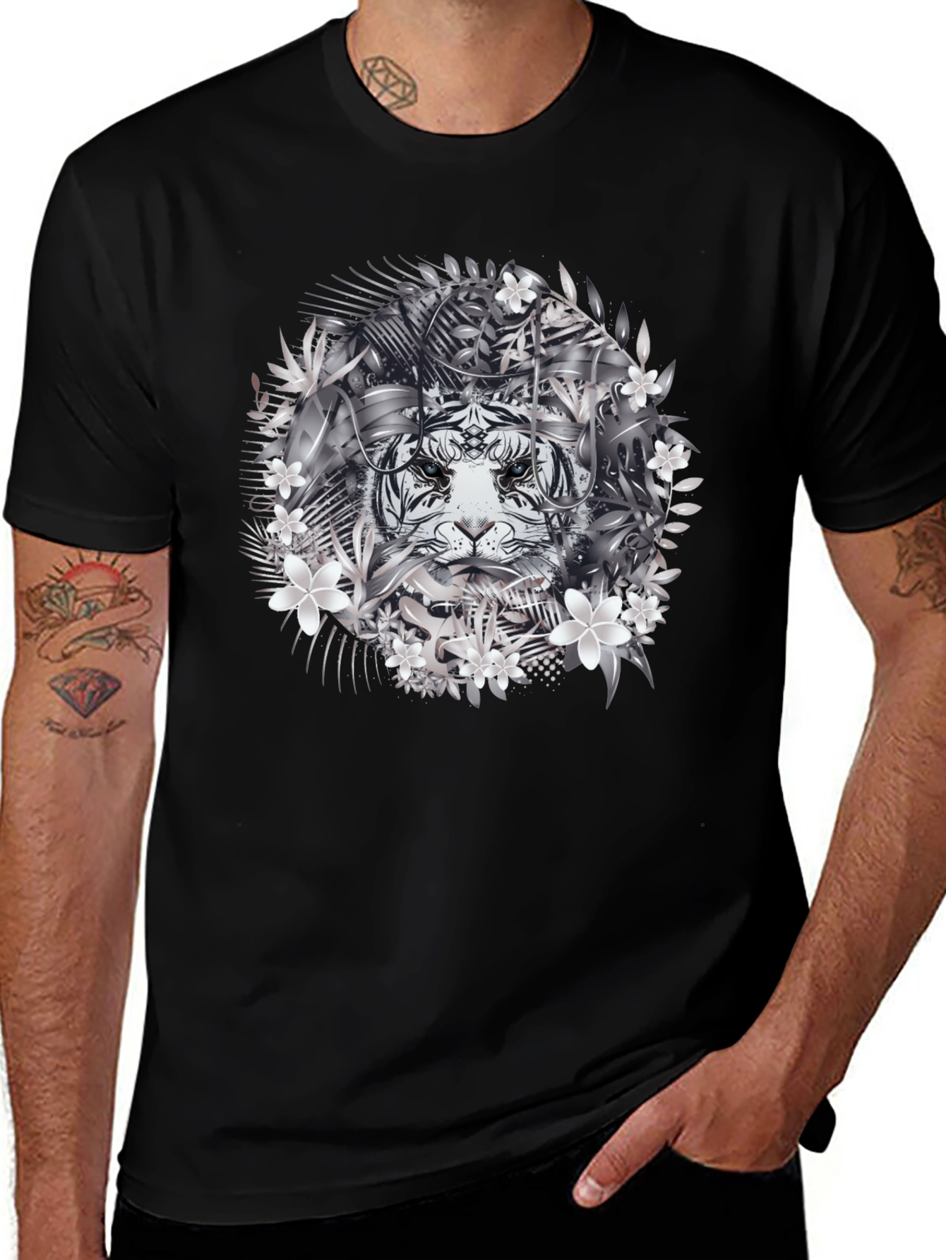 Tiger Floral Graphic Tee - Black Cotton