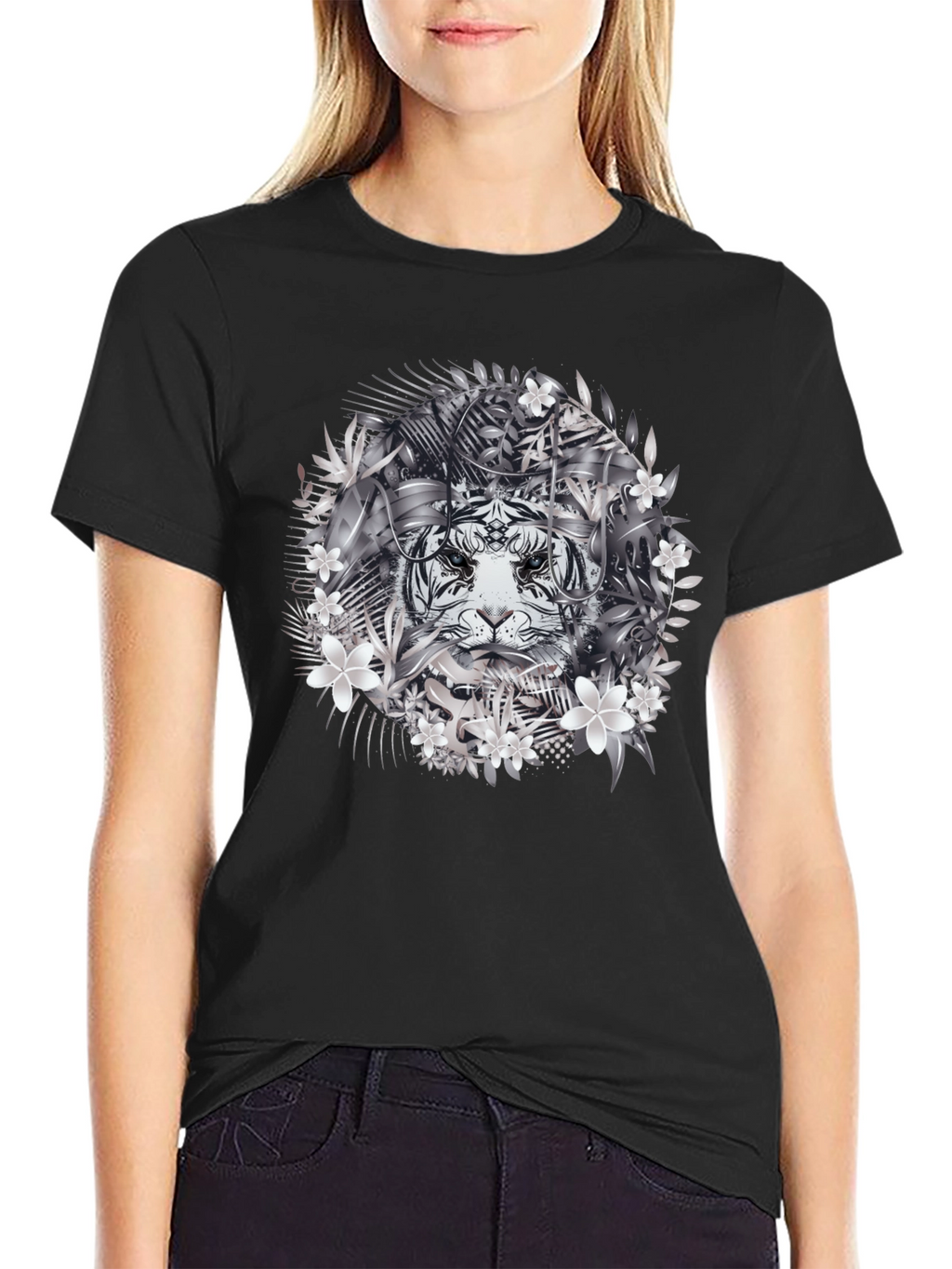 Tiger Floral Graphic Tee - Black Cotton