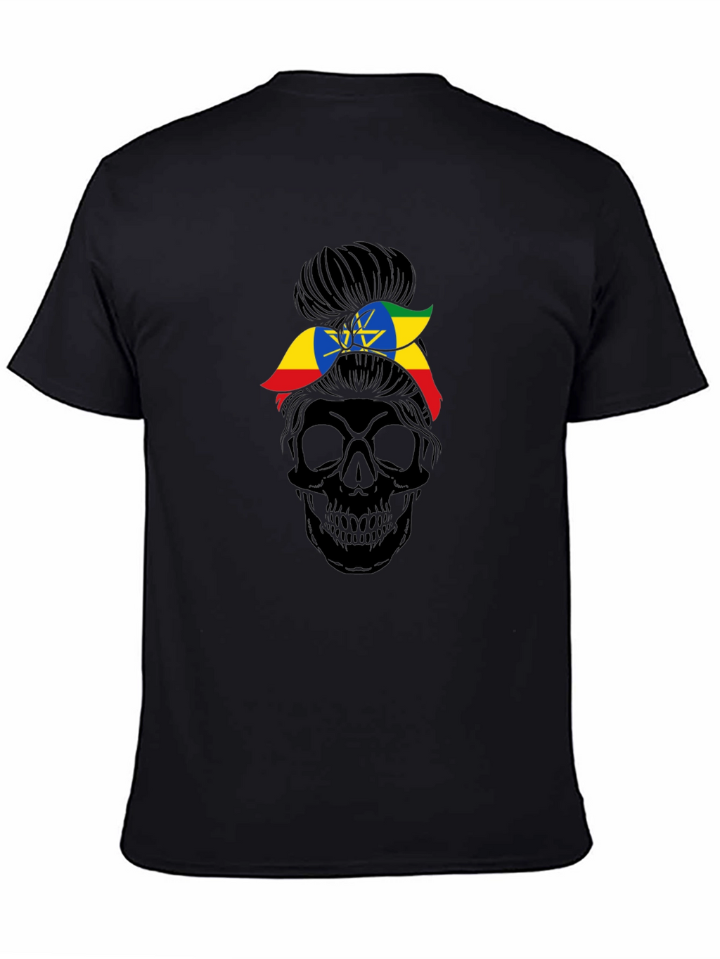 Ethiopia Flag Messy Bun Skull T-Shirt