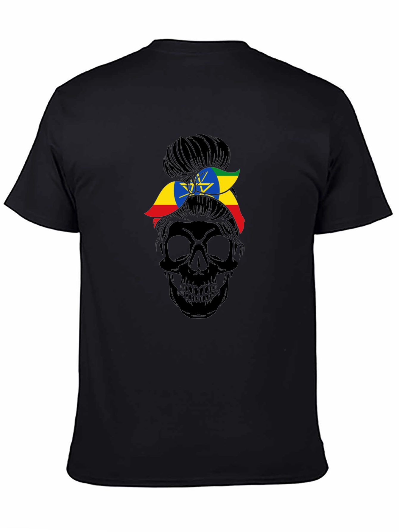 Ethiopia Flag Messy Bun Skull T-Shirt