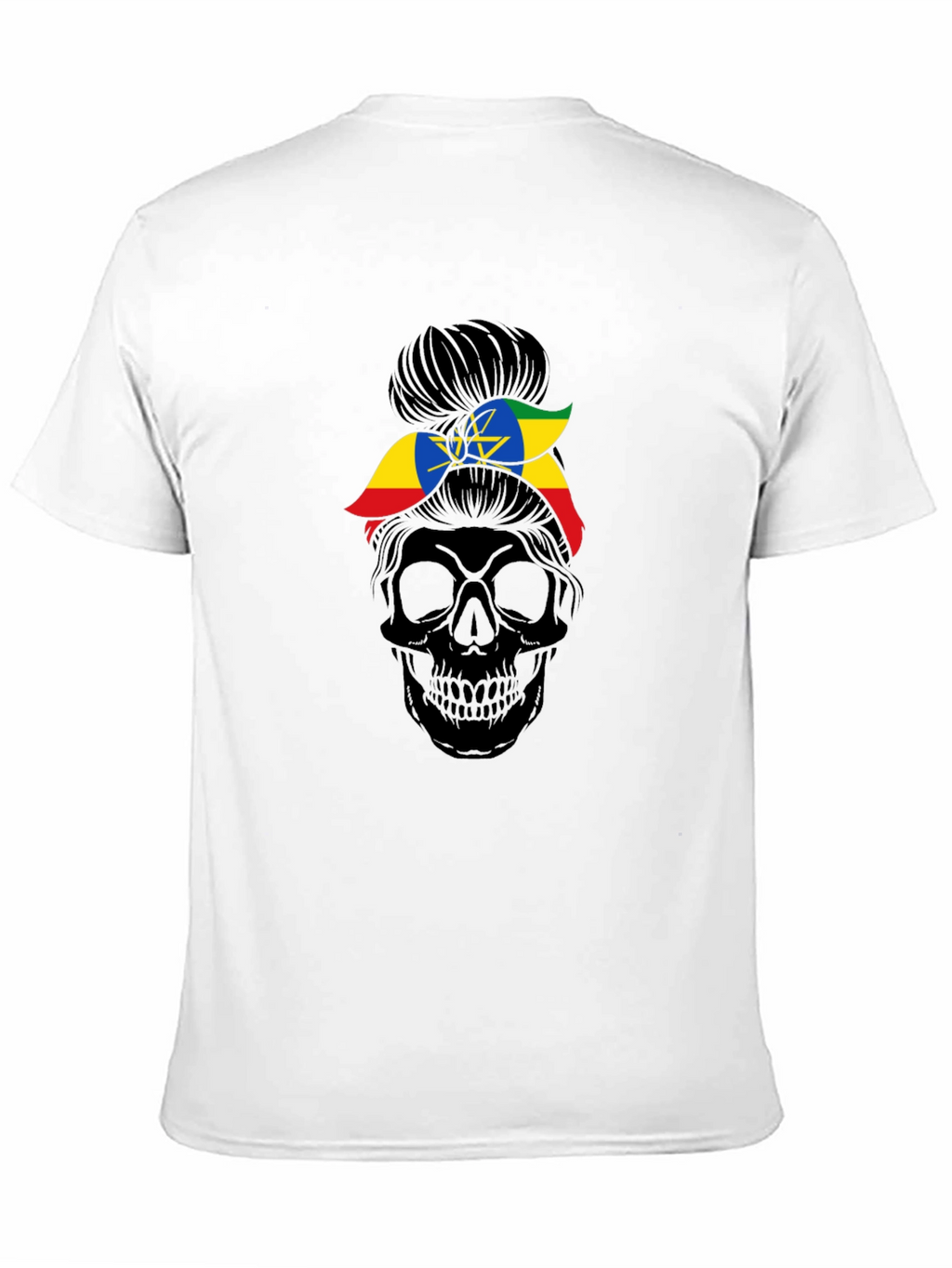 Ethiopia Flag Messy Bun Skull T-Shirt