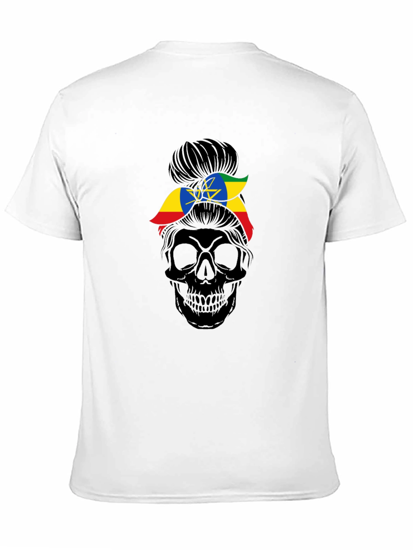 Ethiopia Flag Messy Bun Skull T-Shirt
