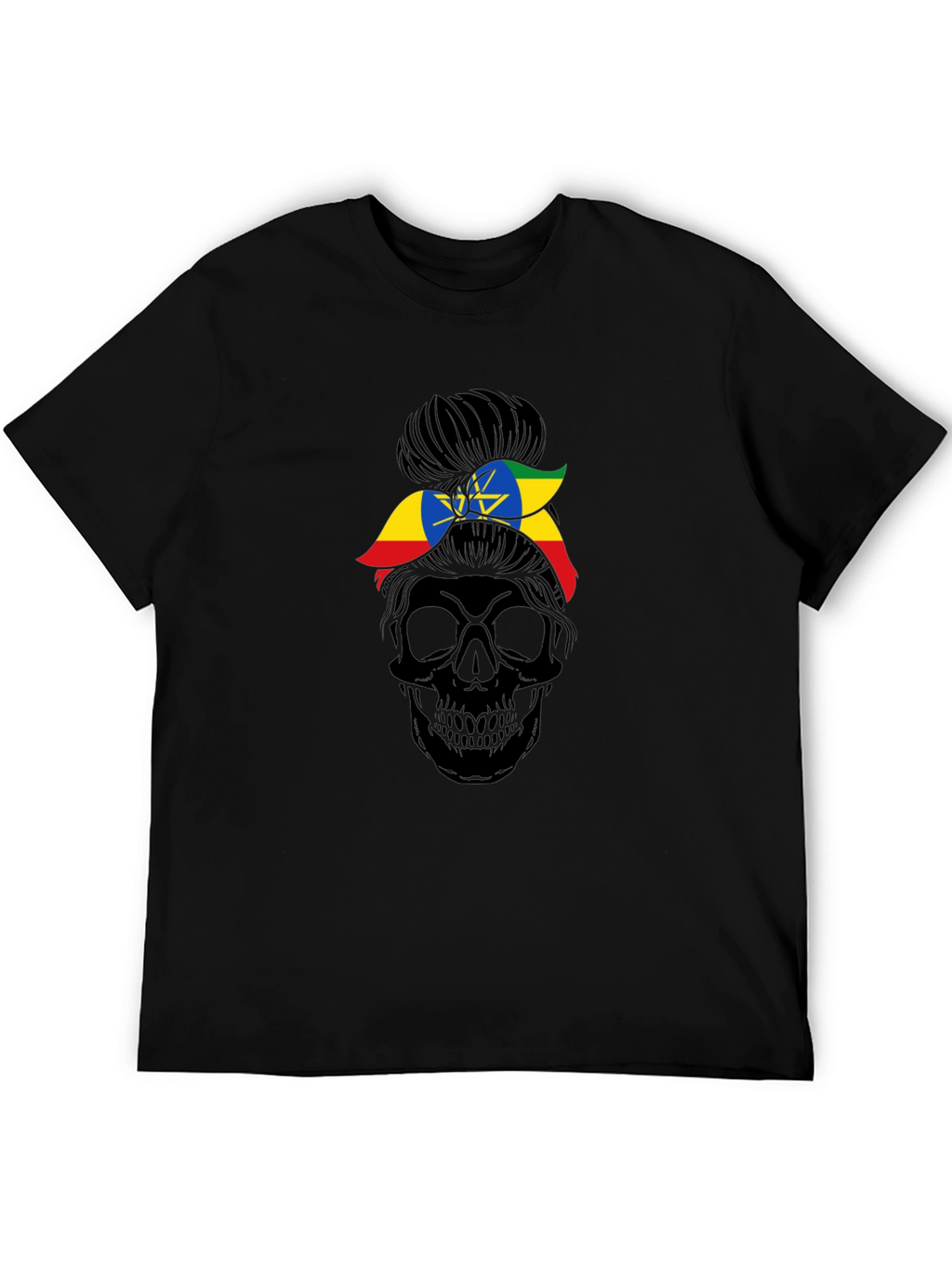 Ethiopia Flag Messy Bun Skull T-Shirt