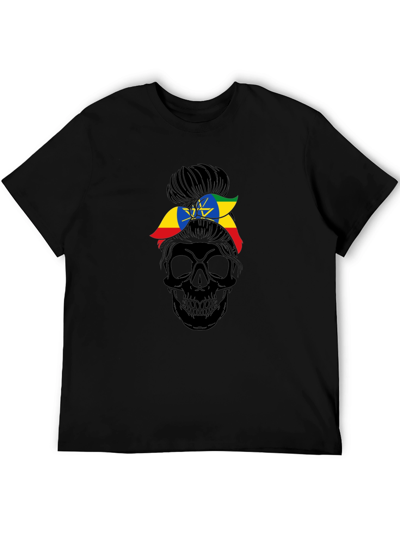 Ethiopia Flag Messy Bun Skull T-Shirt