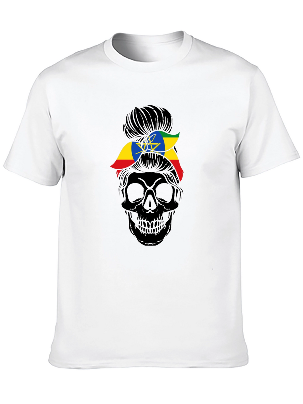 Ethiopia Flag Messy Bun Skull T-Shirt