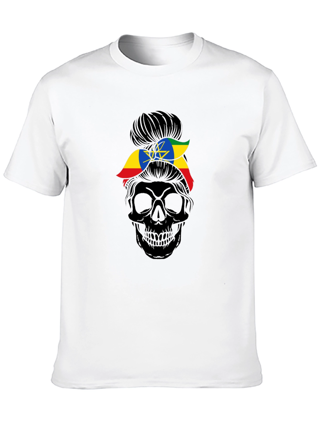 Ethiopia Flag Messy Bun Skull T-Shirt