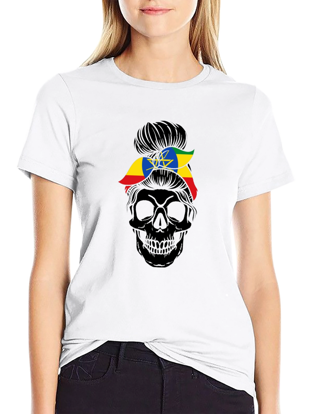 Ethiopia Flag Messy Bun Skull T-Shirt