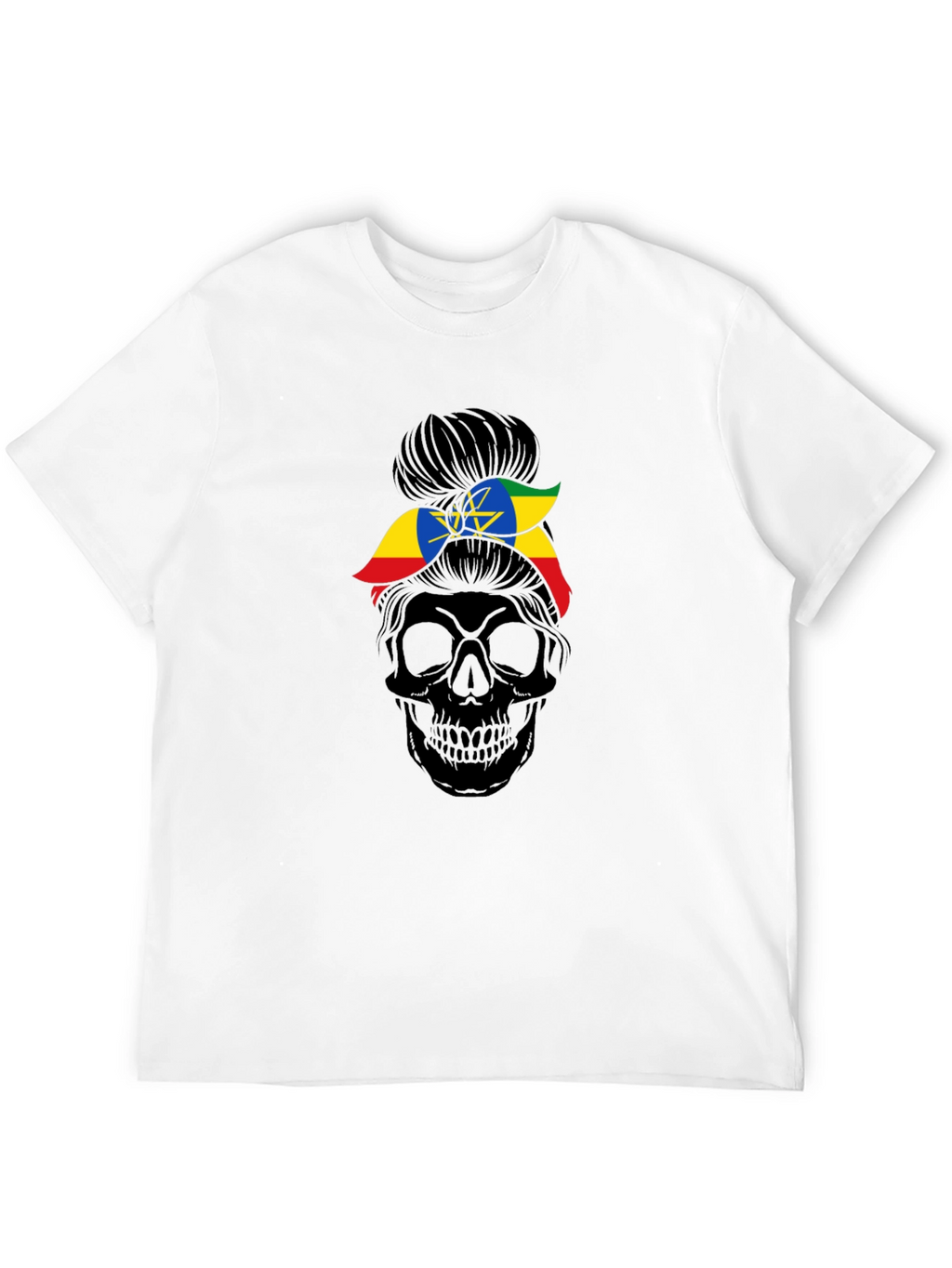 Ethiopia Flag Messy Bun Skull T-Shirt