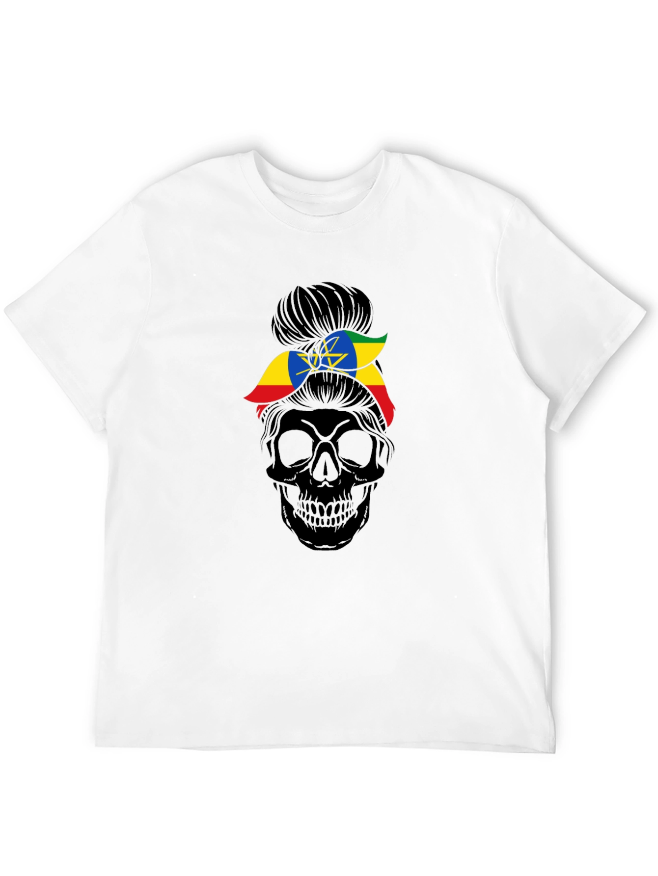 Ethiopia Flag Messy Bun Skull T-Shirt