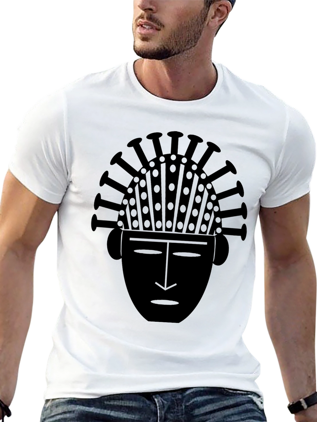 Tribal Mask Graphic Tee - Black Cotton T-Shirt