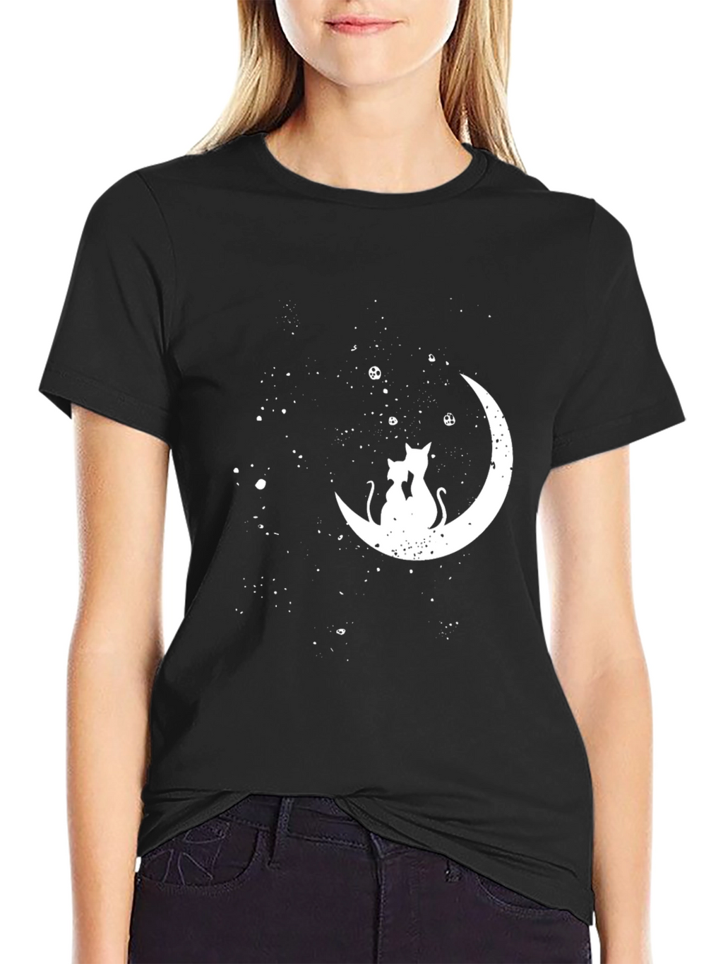 Cats on Moon Graphic Tee - Stylish Black T-Shirt