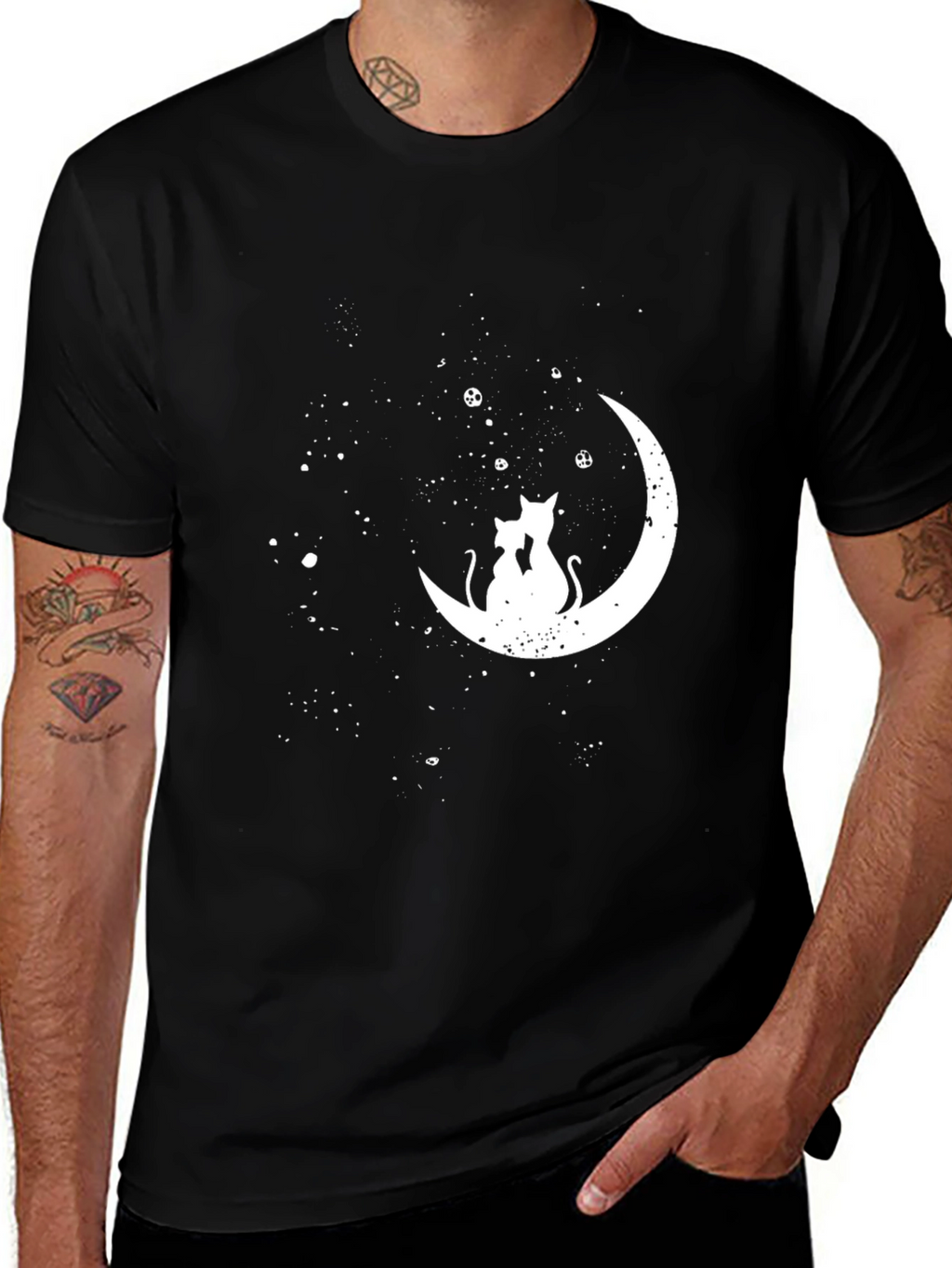 Cats on Moon Graphic Tee - Stylish Black T-Shirt