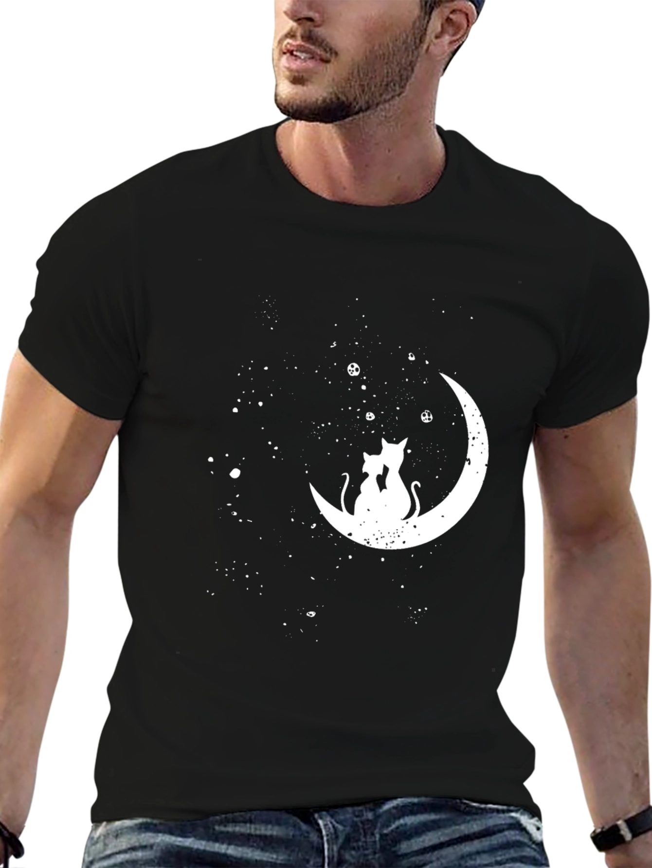 Cats on Moon Graphic Tee - Stylish Black T-Shirt