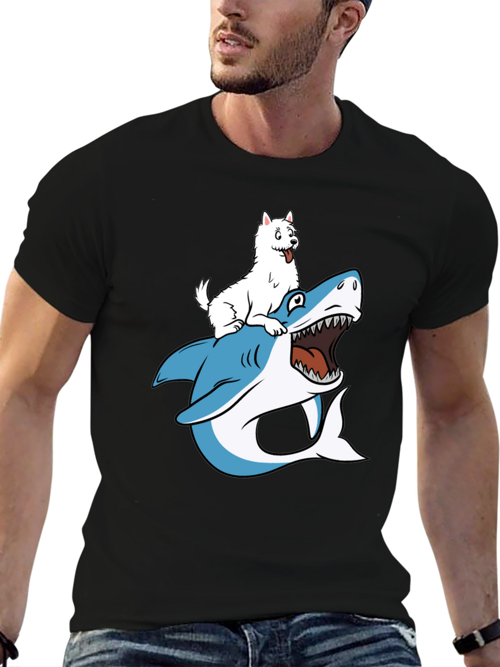 Dog Riding Shark Graphic T-Shirt