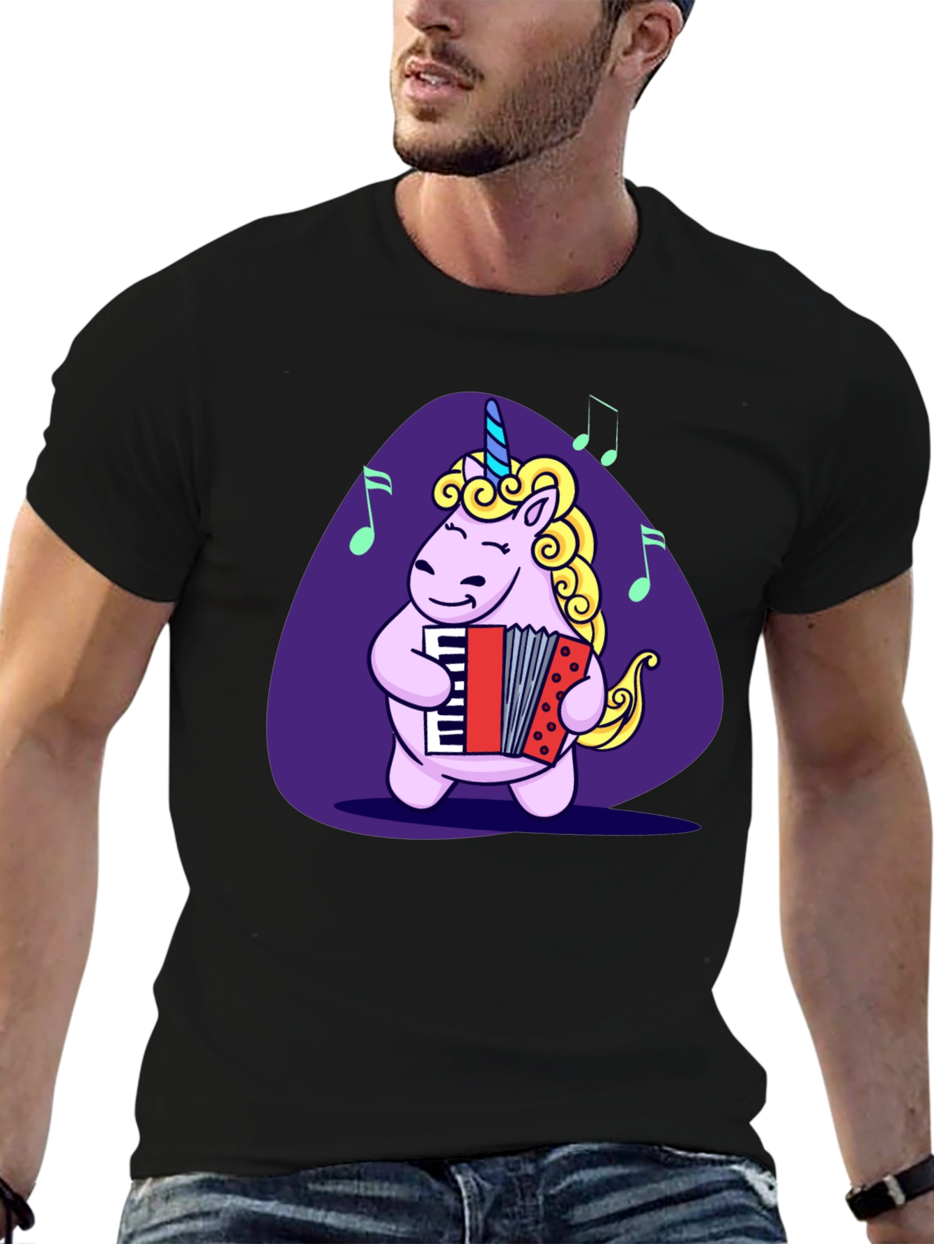 Unicorn Accordion Player Black T-Shirt
