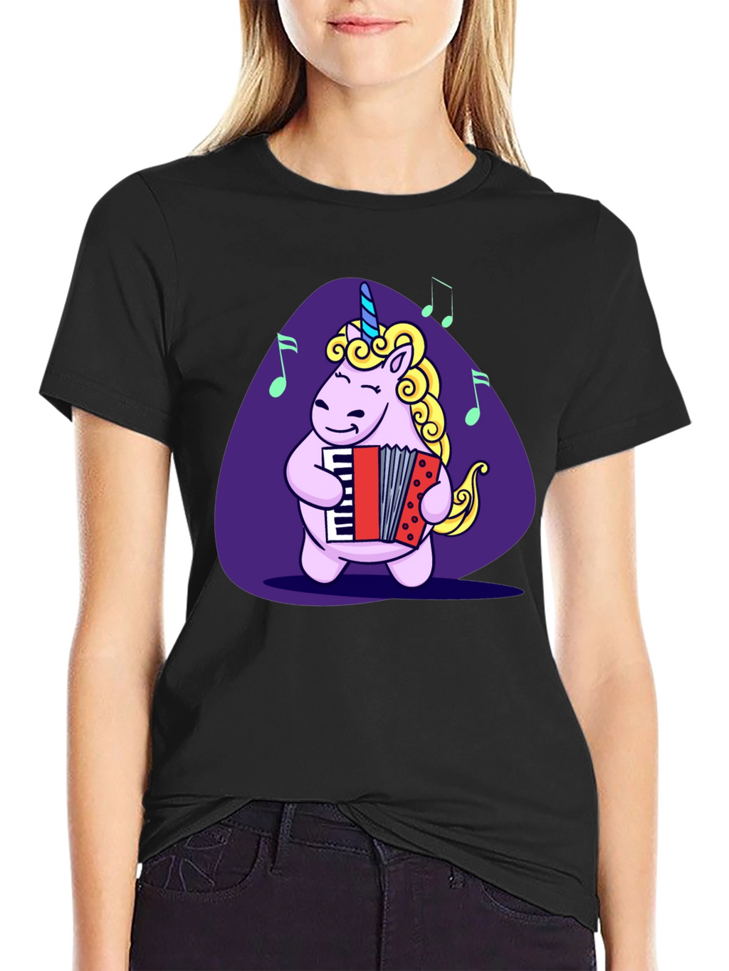 Unicorn Accordion Player Black T-Shirt