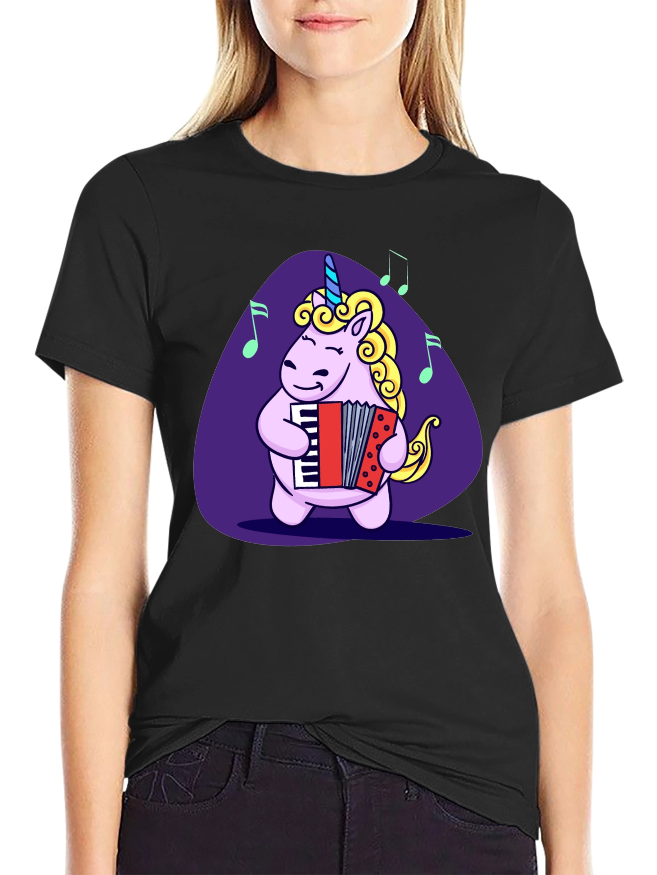 Unicorn Accordion Player Black T-Shirt