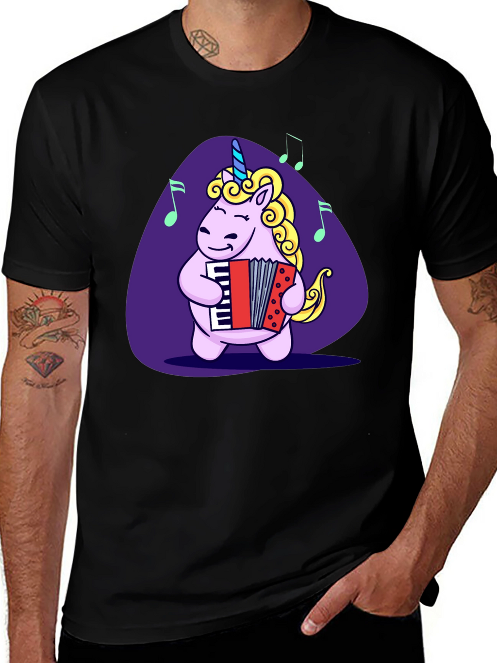 Unicorn Accordion Player Black T-Shirt