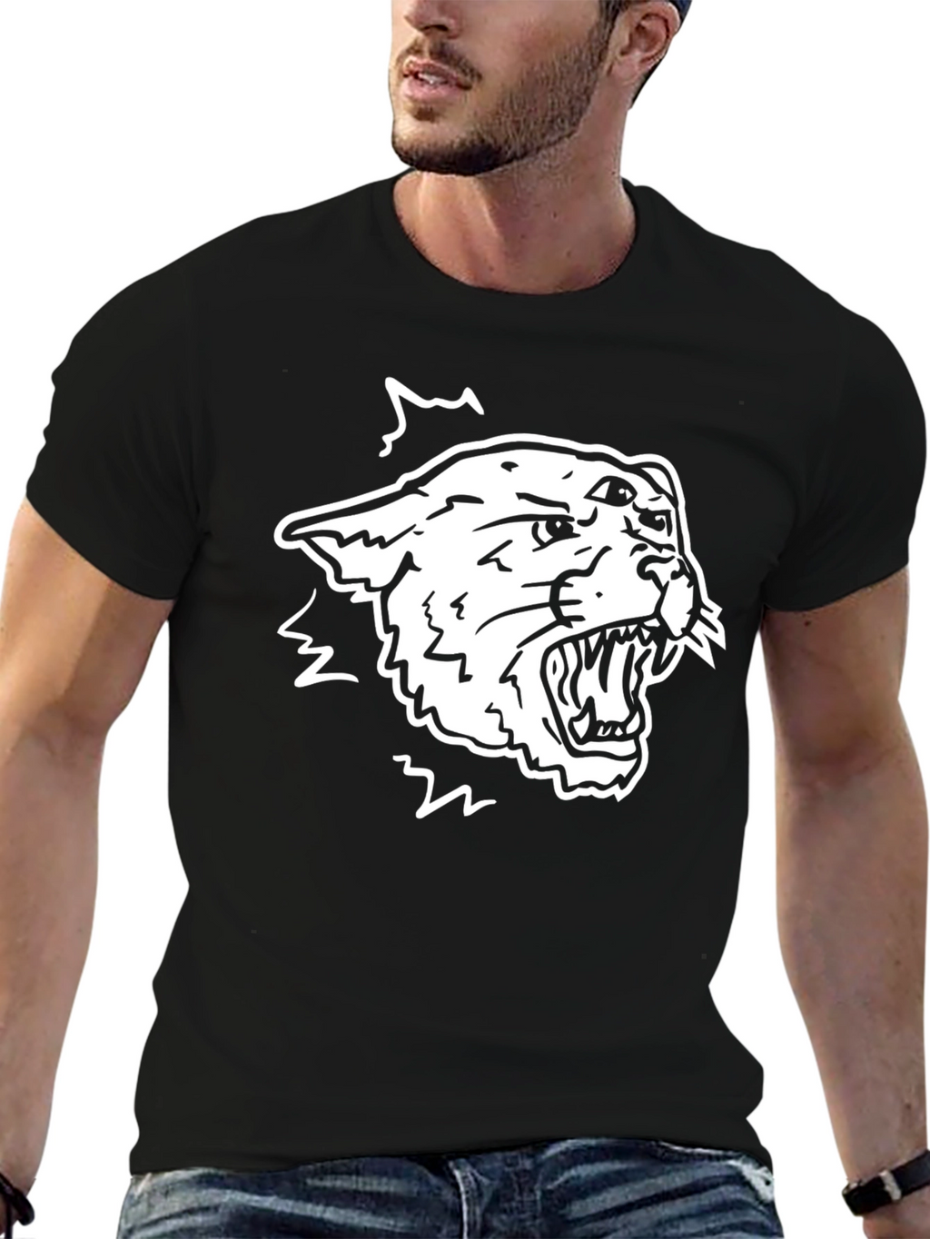 Cool Black Tee with Aggressive White Tiger Design