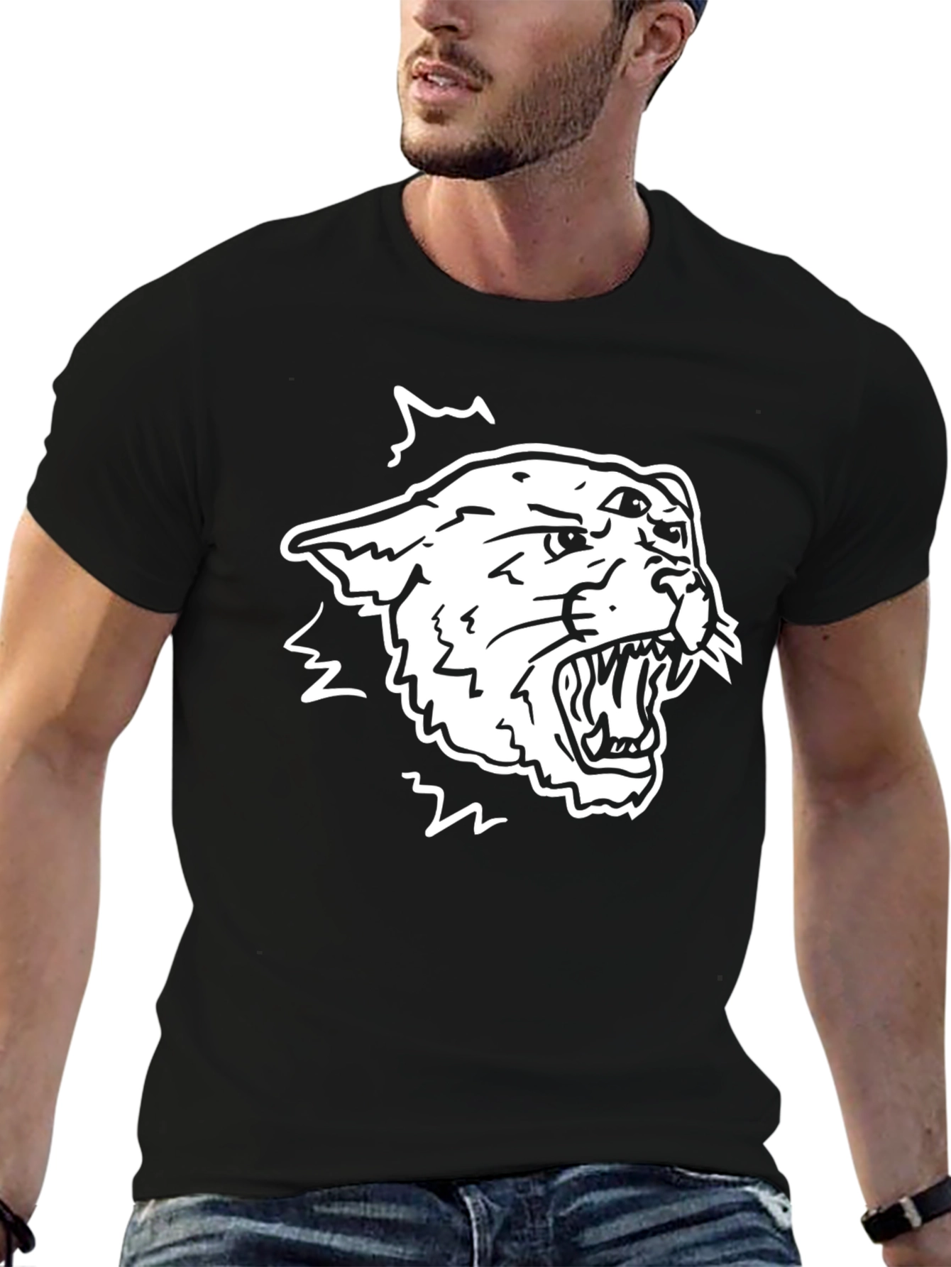 Cool Black Tee with Aggressive White Tiger Design