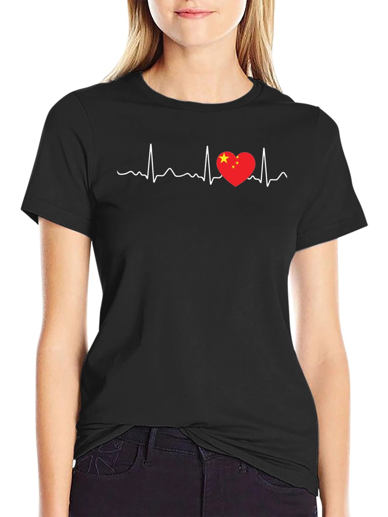 China Love Heartbeat T-Shirt - Black Graphic Tee
