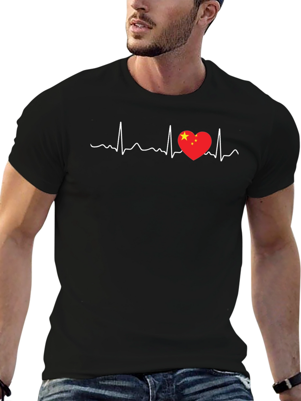China Love Heartbeat T-Shirt - Black Graphic Tee
