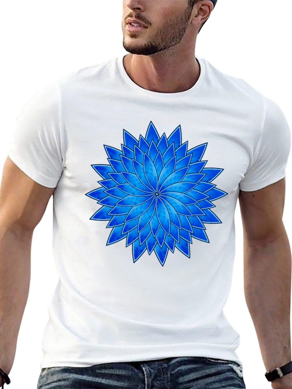 Blue Flower Graphic Black T-Shirt