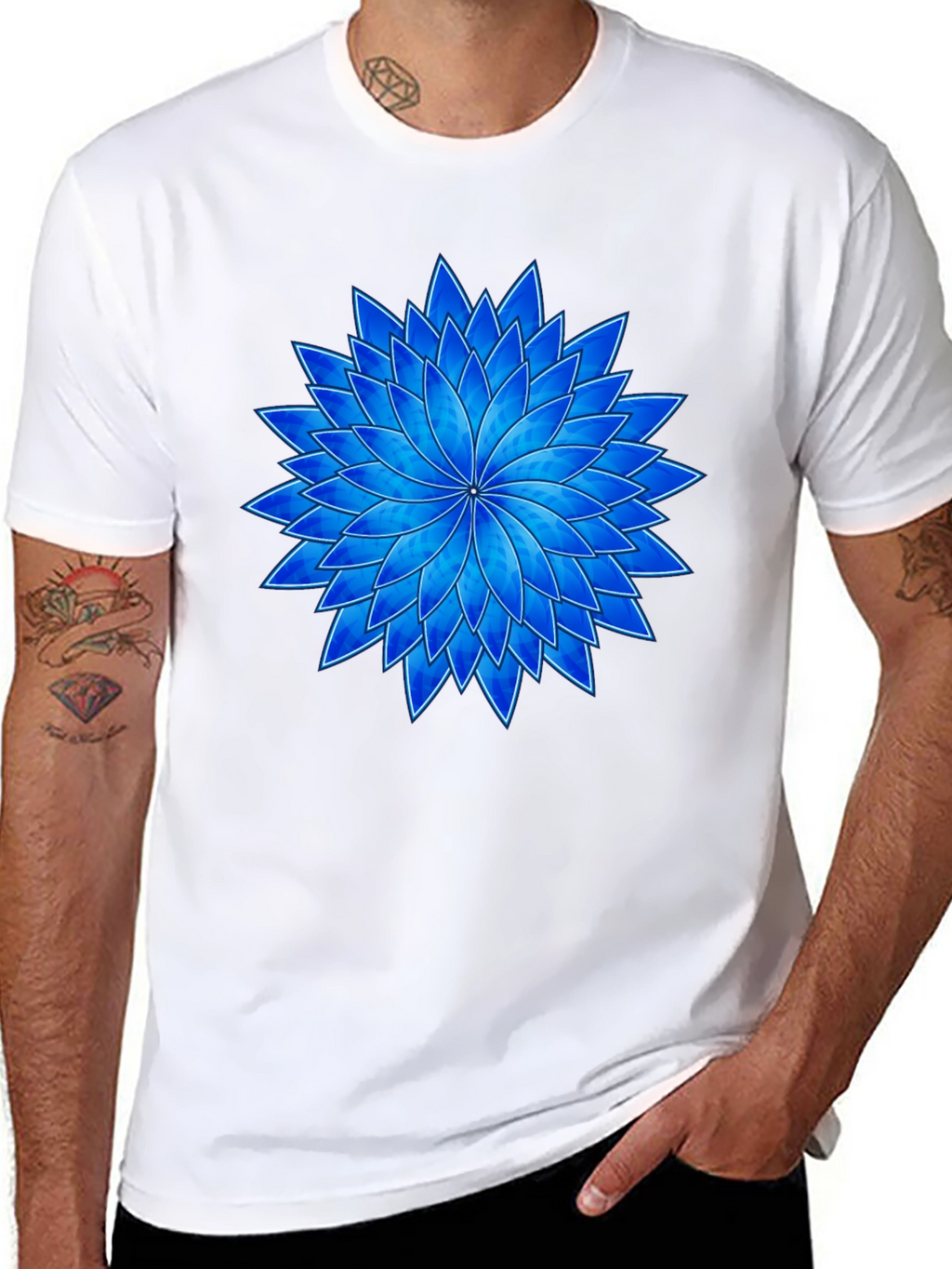 Blue Flower Graphic Black T-Shirt