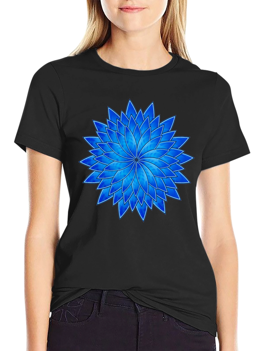 Blue Flower Graphic Black T-Shirt