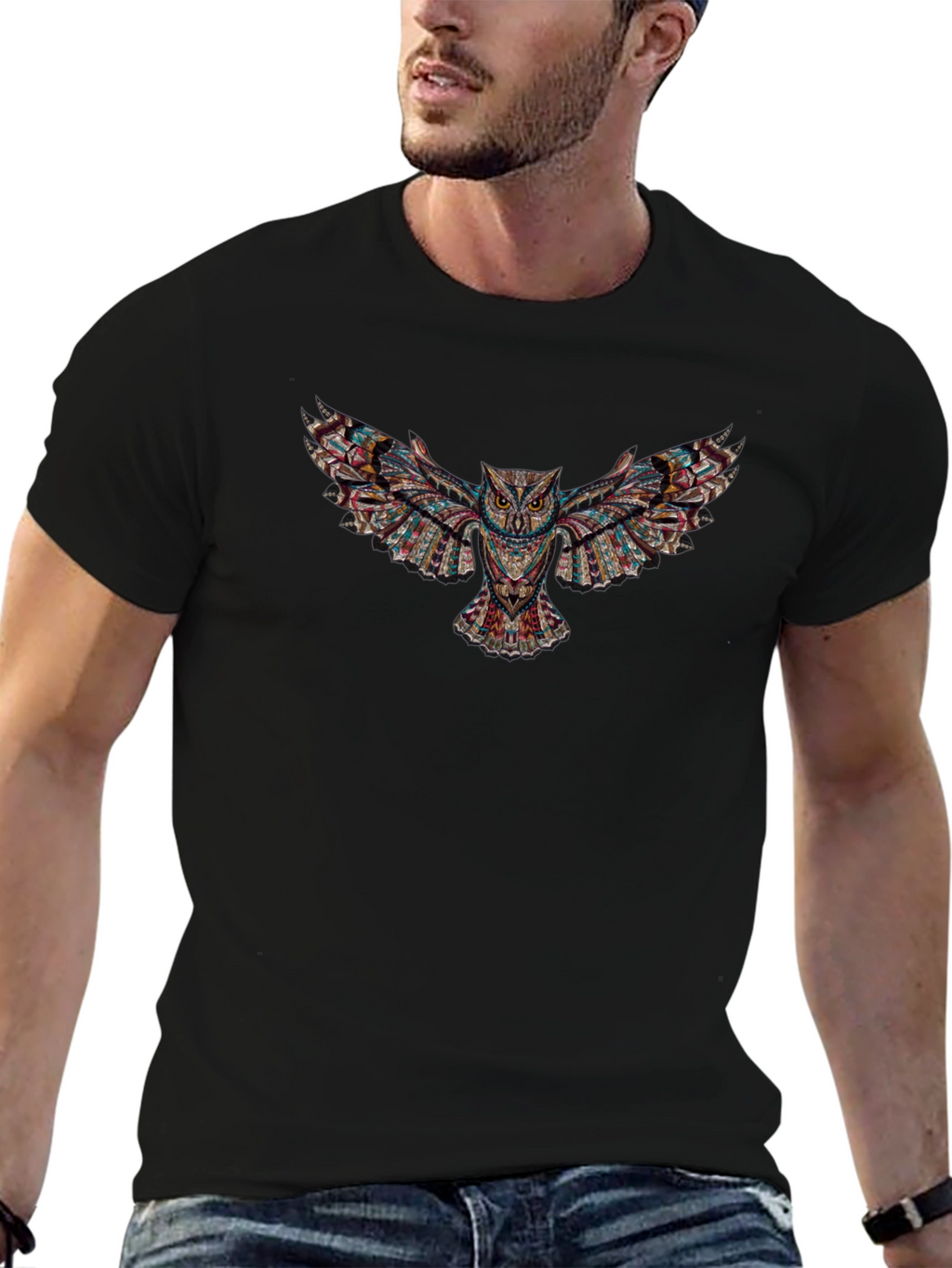 Abstract Owl Graphic Print Black T-Shirt