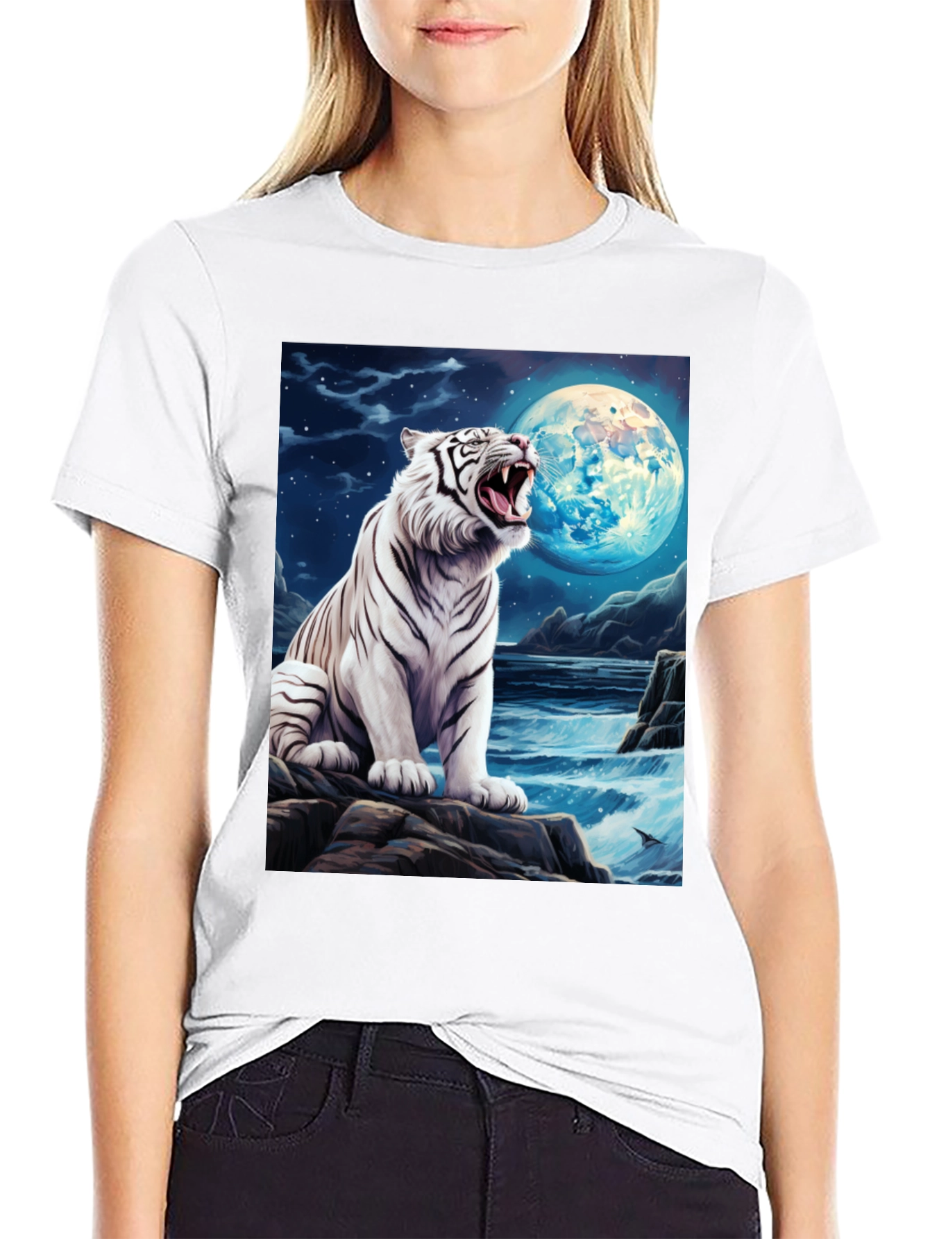 White Tiger Moon Graphic Black T-Shirt