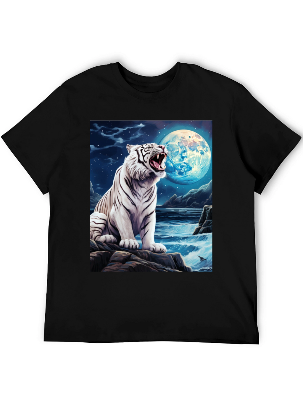 White Tiger Moon Graphic Black T-Shirt