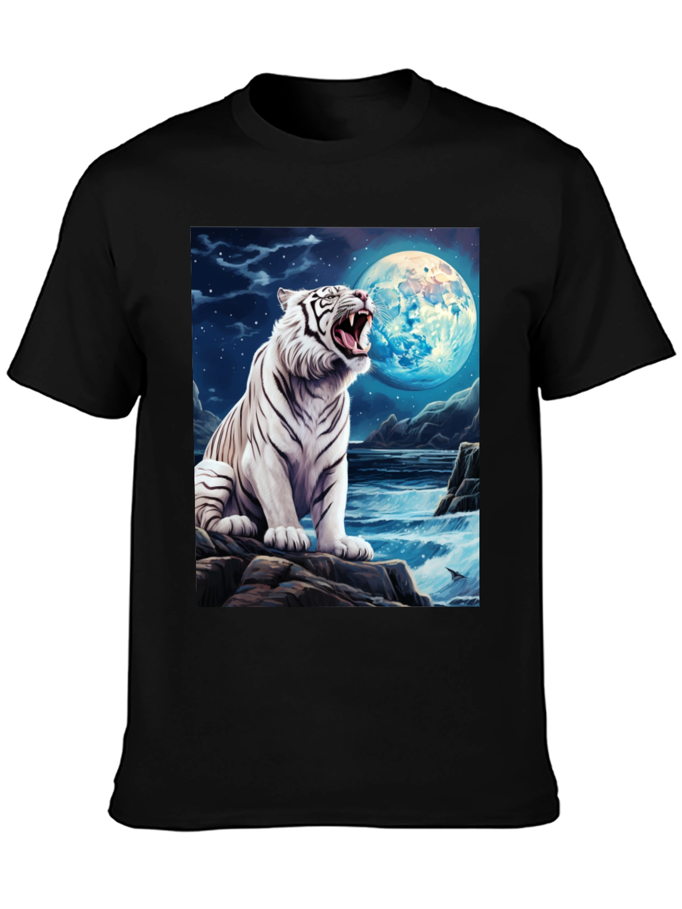 White Tiger Moon Graphic Black T-Shirt