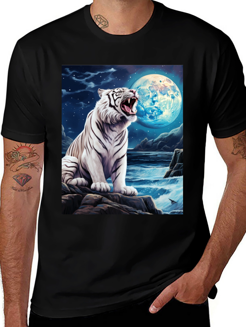 White Tiger Moon Graphic Black T-Shirt