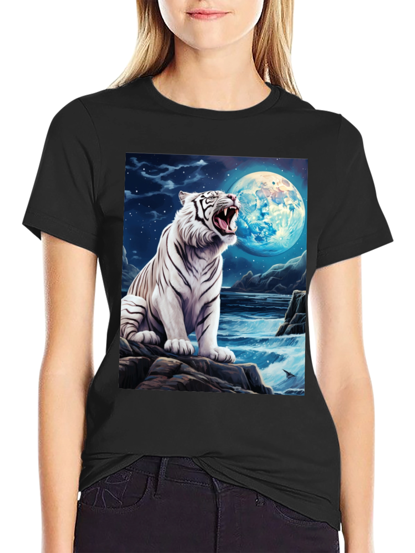 White Tiger Moon Graphic Black T-Shirt