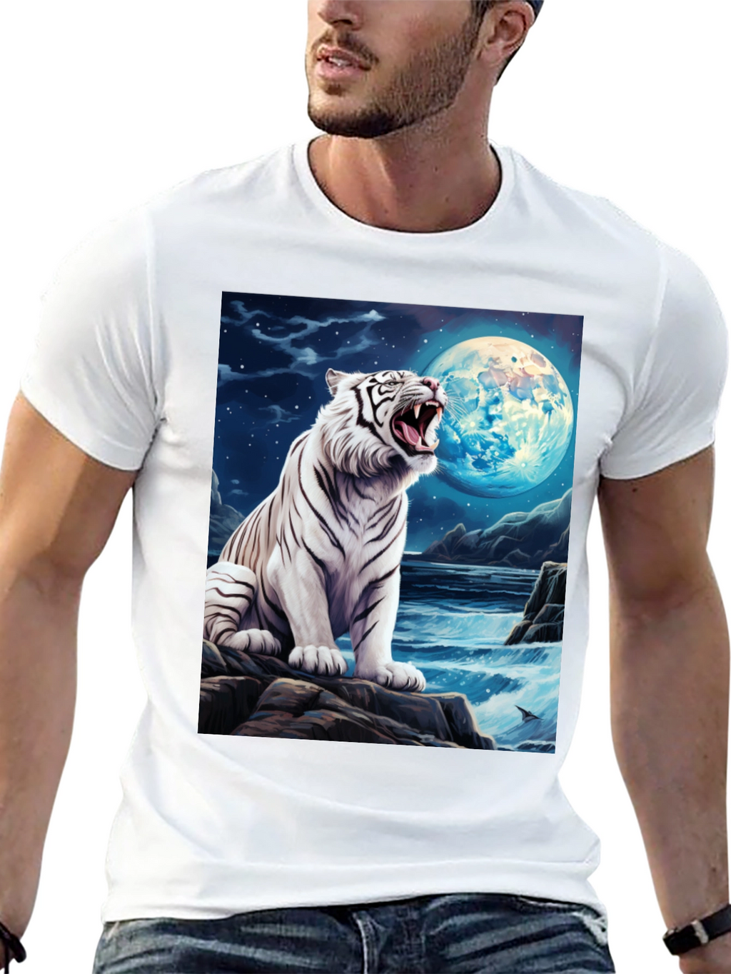 White Tiger Moon Graphic Black T-Shirt