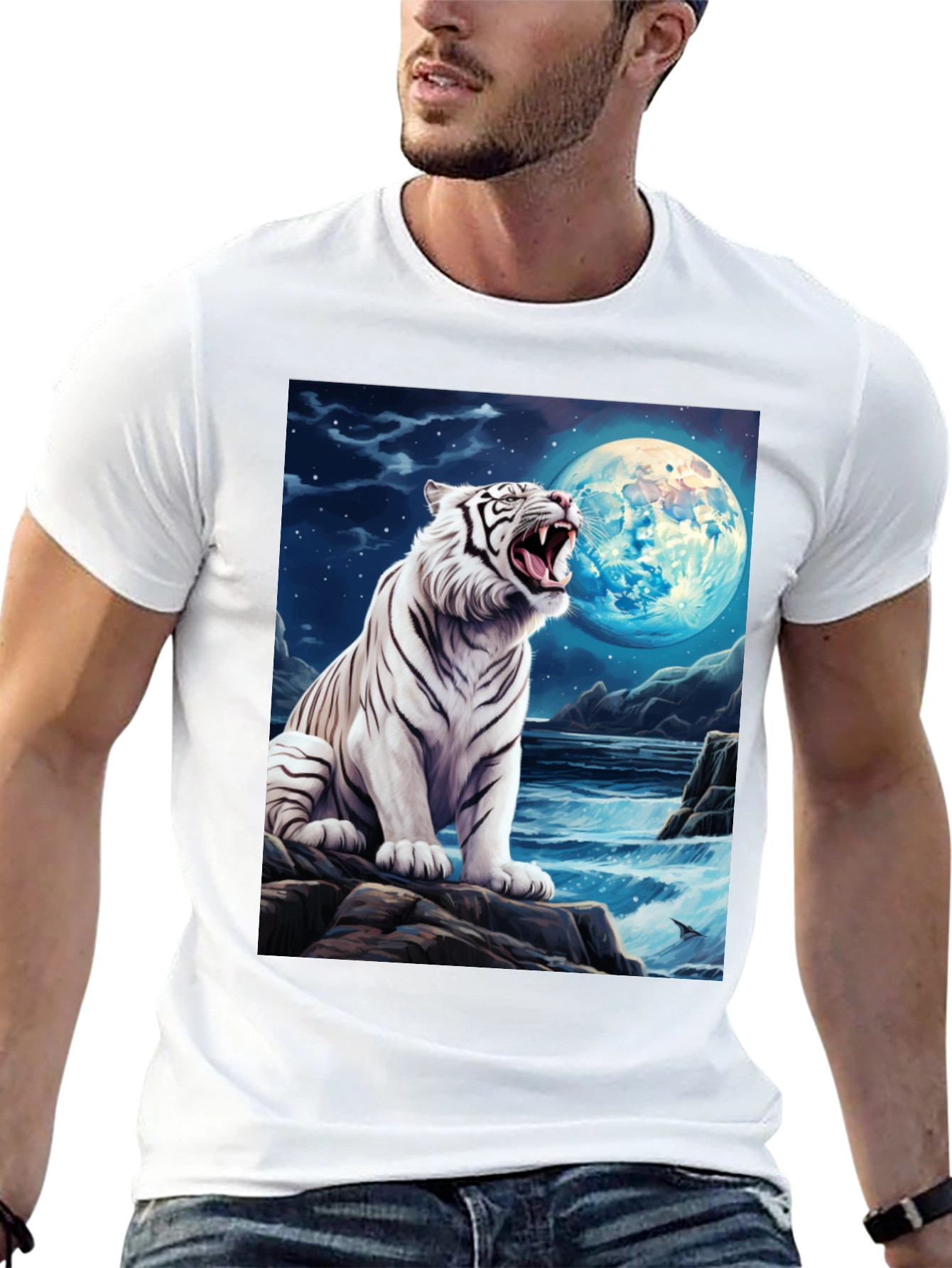 White Tiger Moon Graphic Black T-Shirt