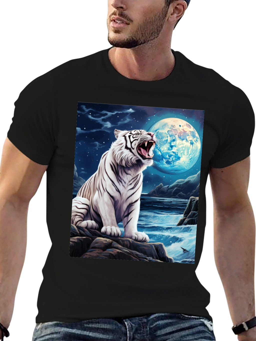 White Tiger Moon Graphic Black T-Shirt