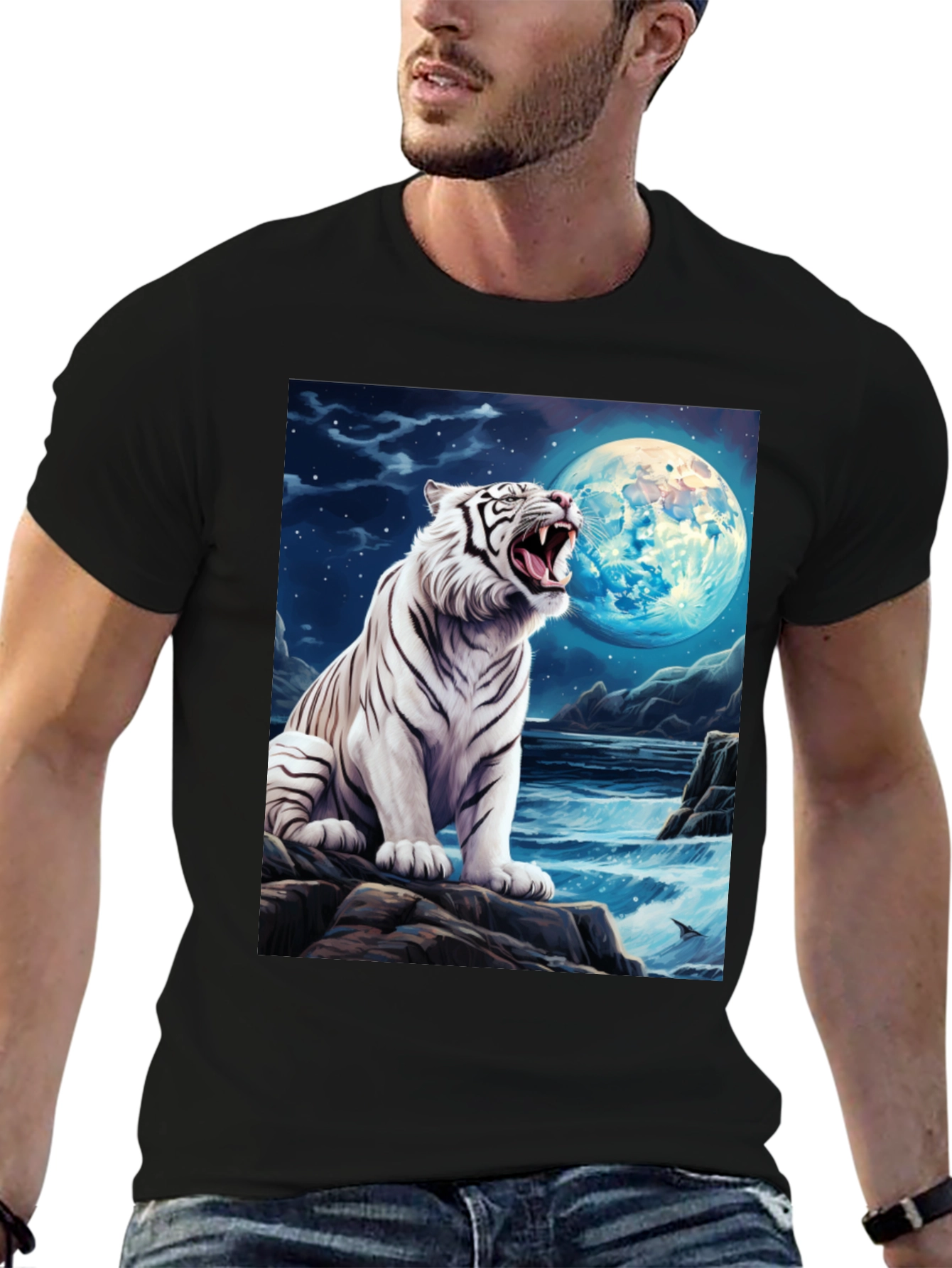 White Tiger Moon Graphic Black T-Shirt