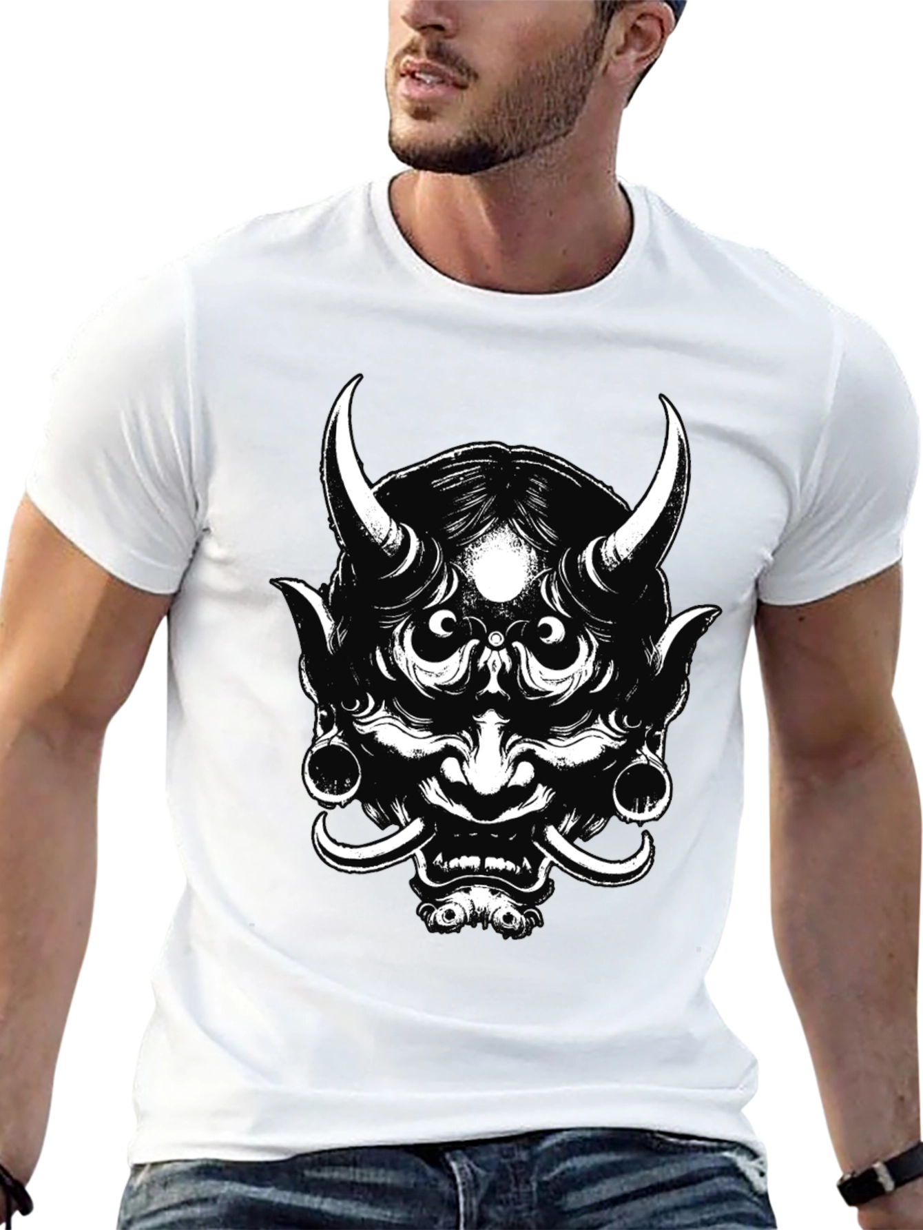 Mens Black Graphic Tee - Oni Mask Design