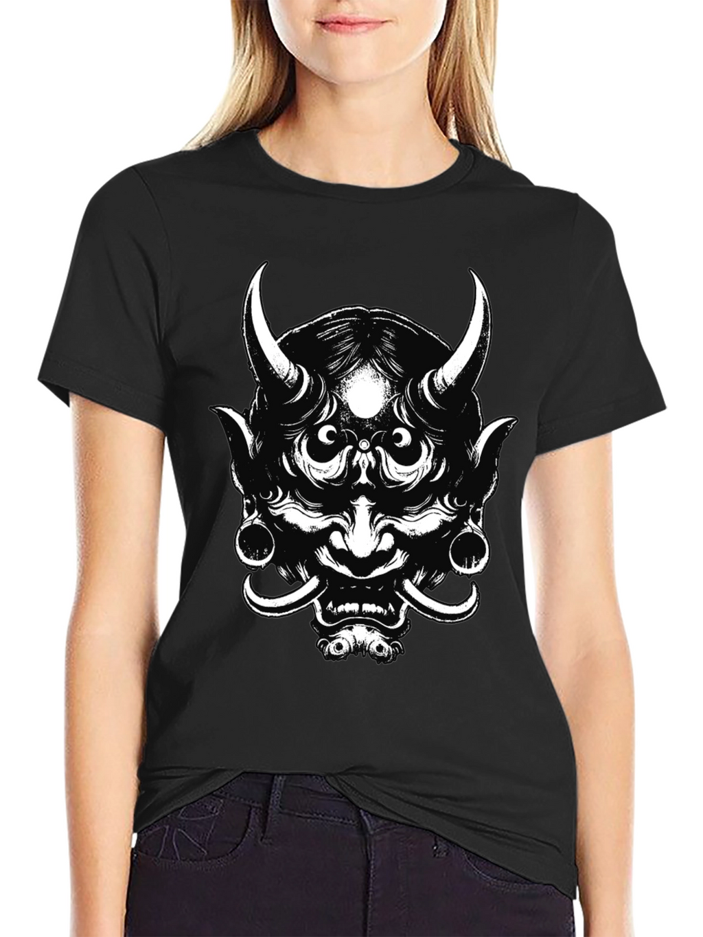 Mens Black Graphic Tee - Oni Mask Design