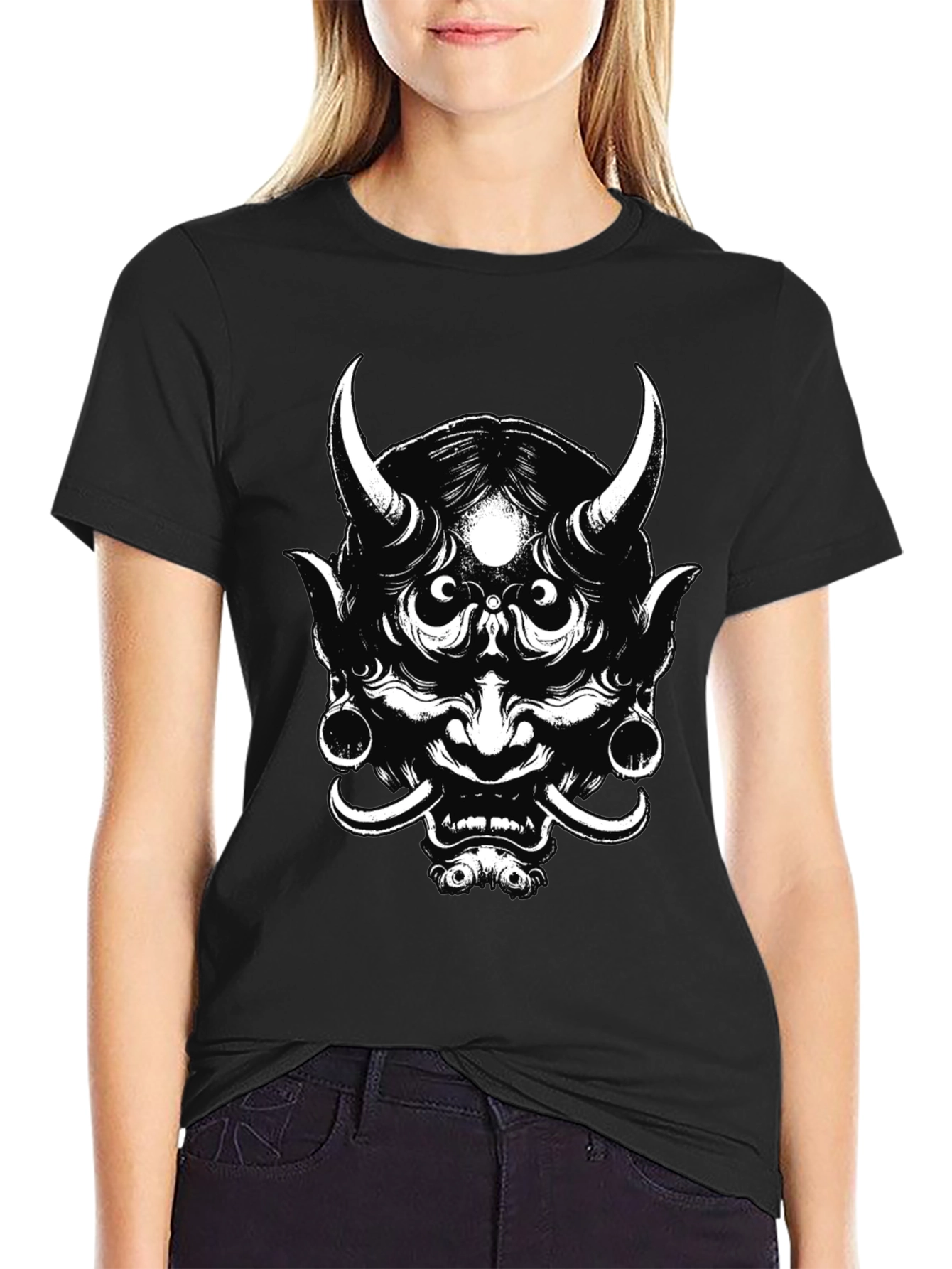 Mens Black Graphic Tee - Oni Mask Design