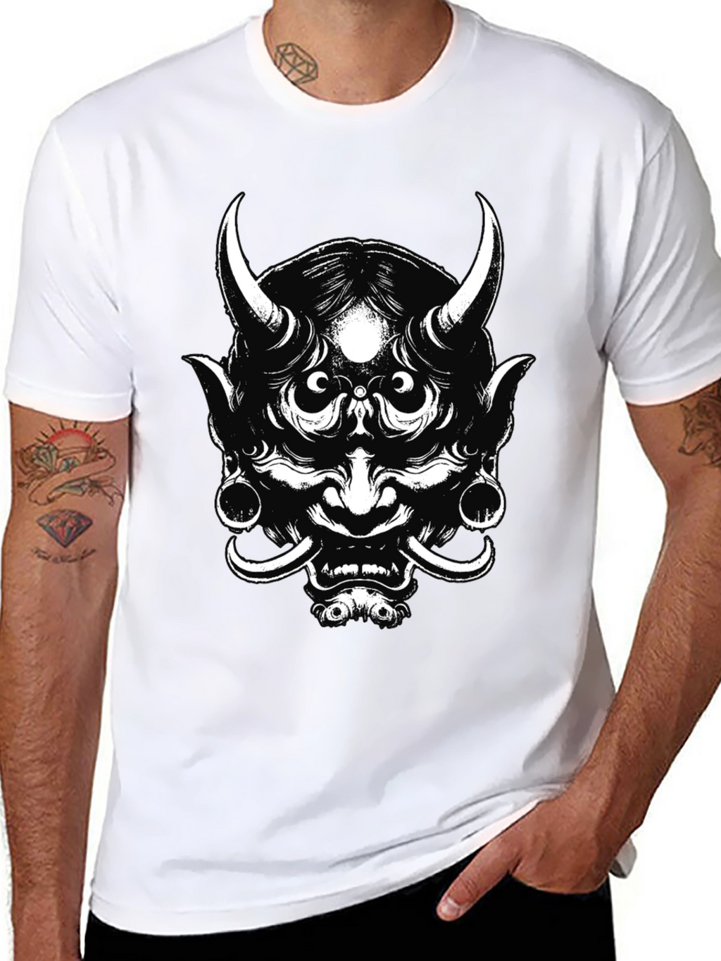 Mens Black Graphic Tee - Oni Mask Design