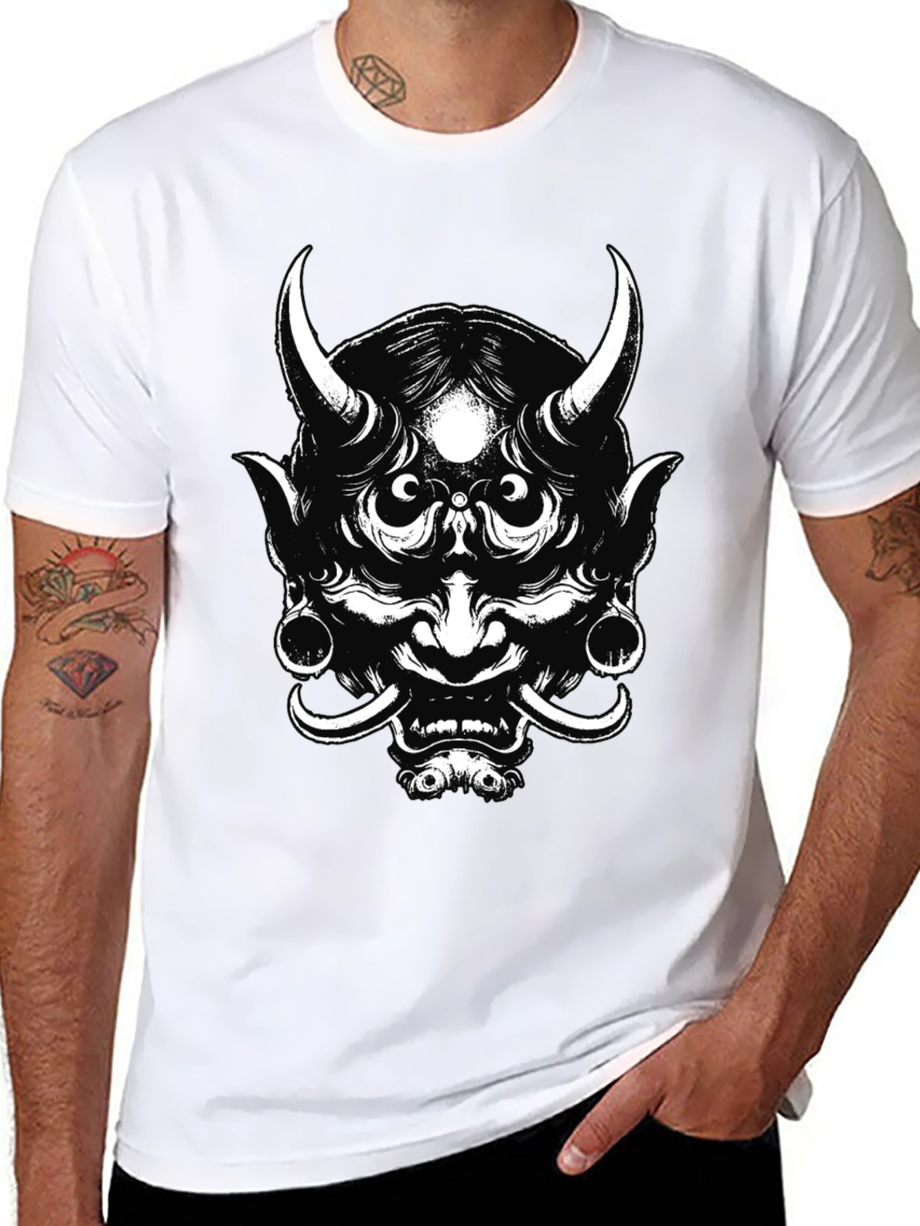 Mens Black Graphic Tee - Oni Mask Design