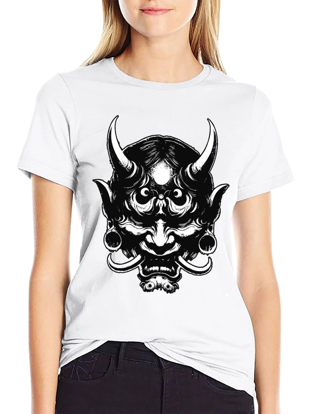 Mens Black Graphic Tee - Oni Mask Design