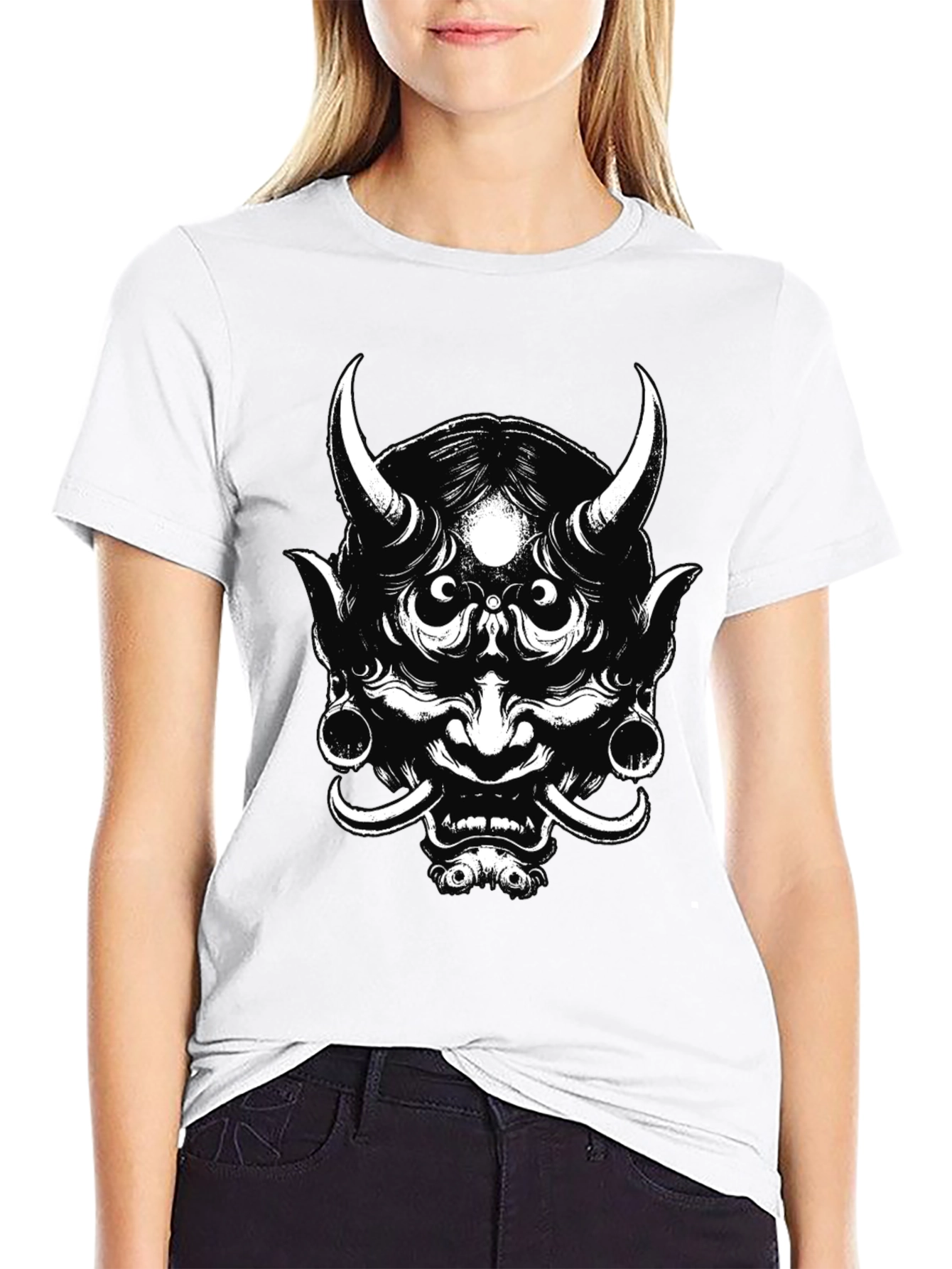 Mens Black Graphic Tee - Oni Mask Design