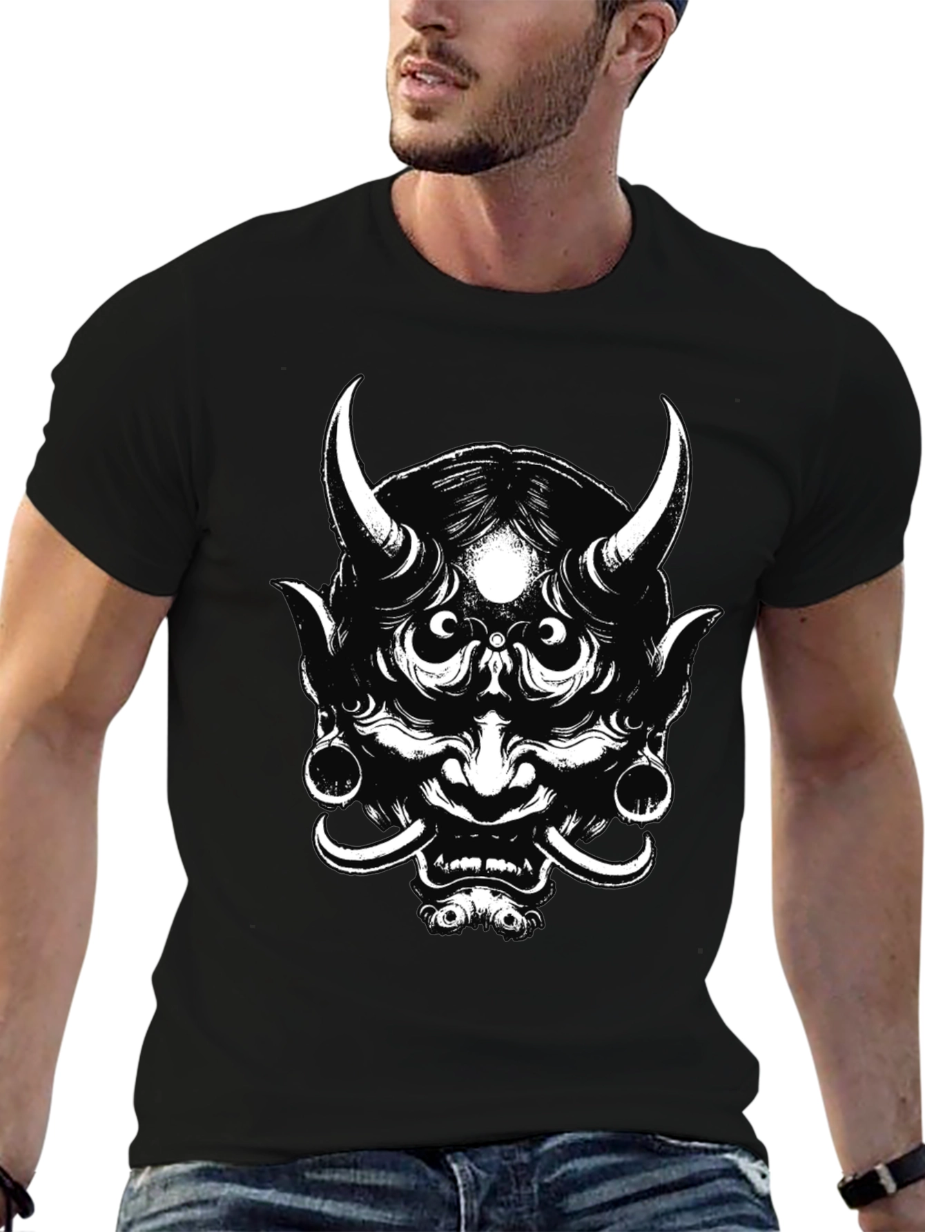Mens Black Graphic Tee - Oni Mask Design