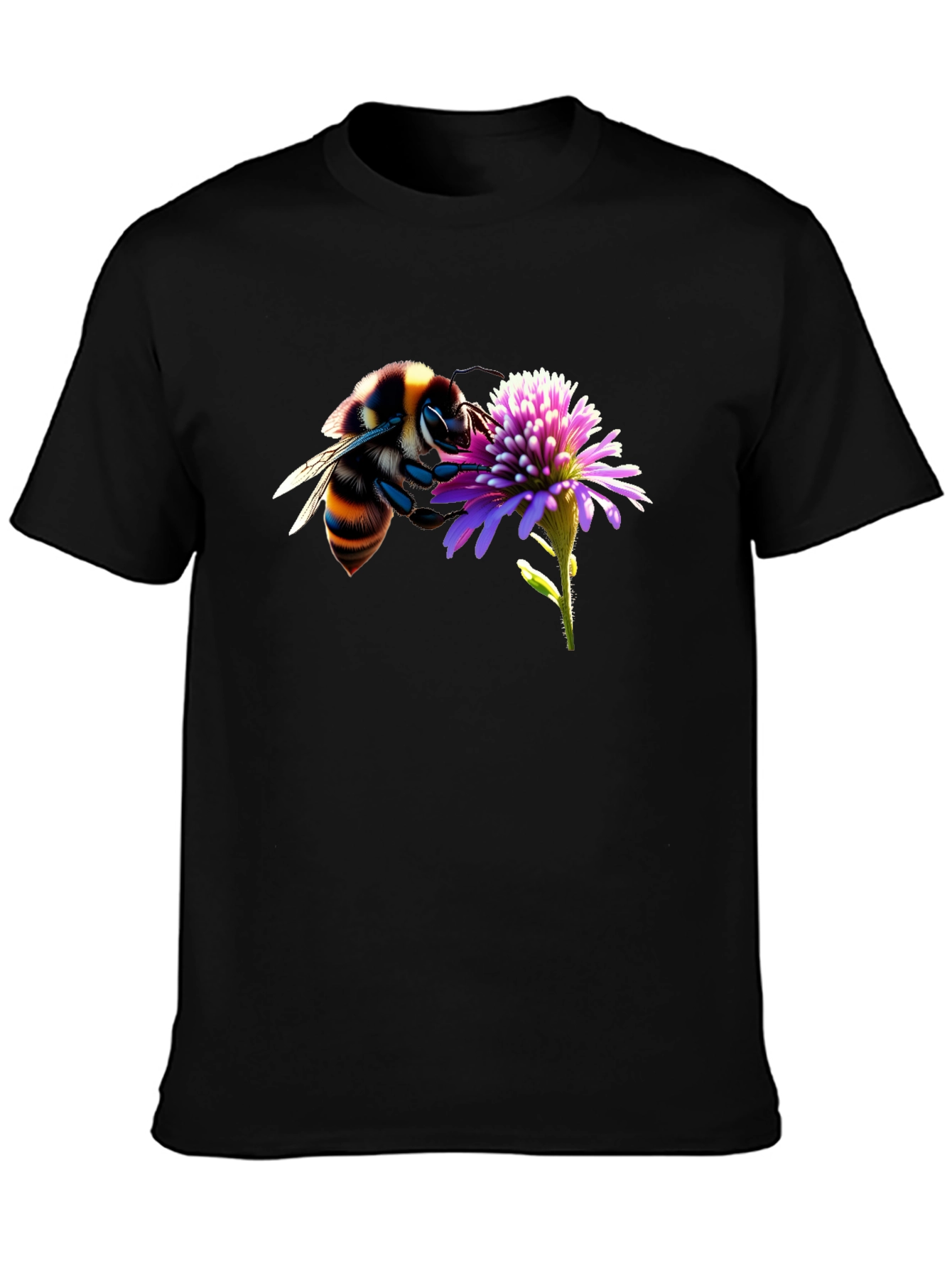 Bee on Flower Graphic Tee - Black Cotton T-Shirt