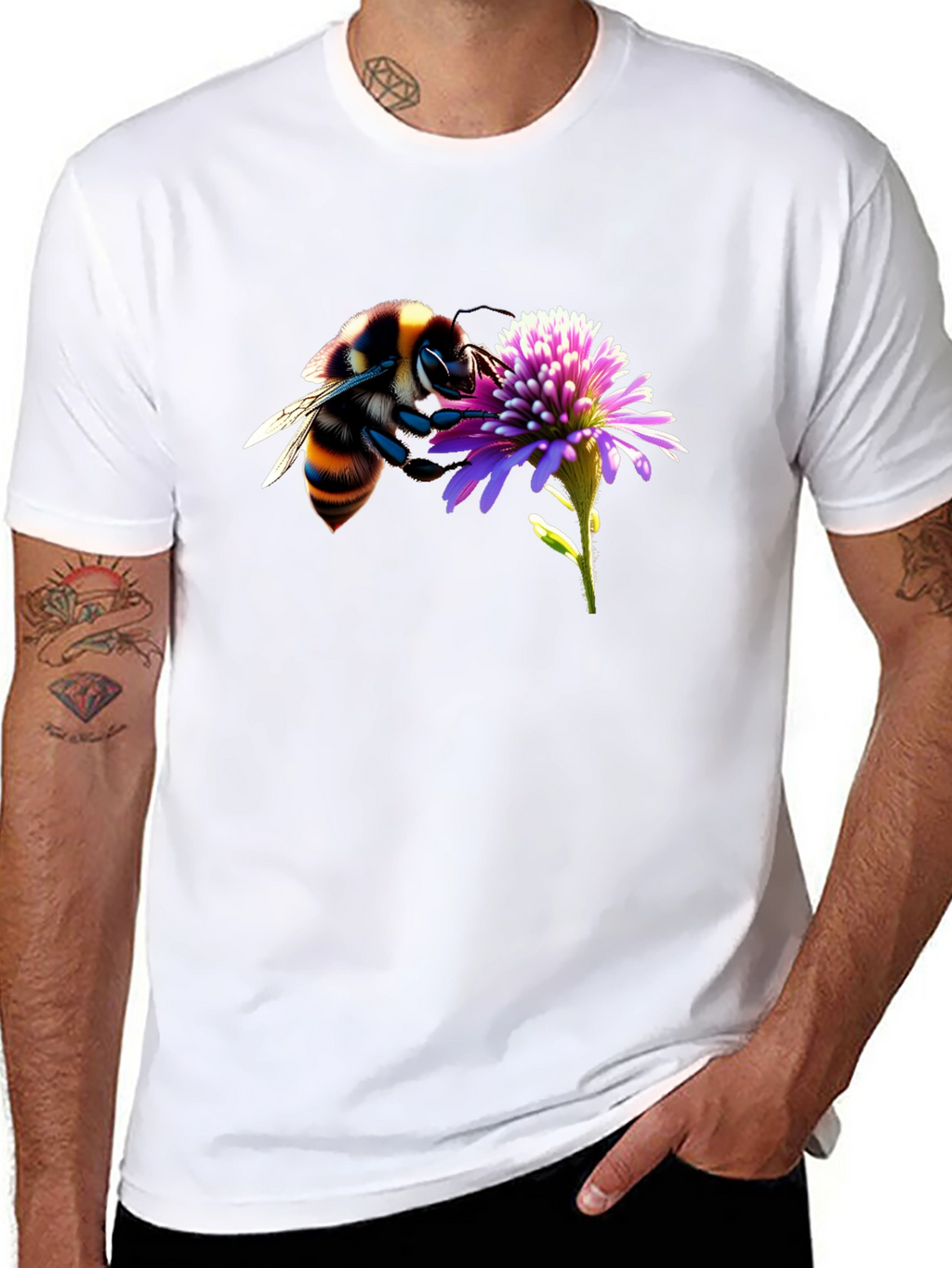 Bee on Flower Graphic Tee - Black Cotton T-Shirt